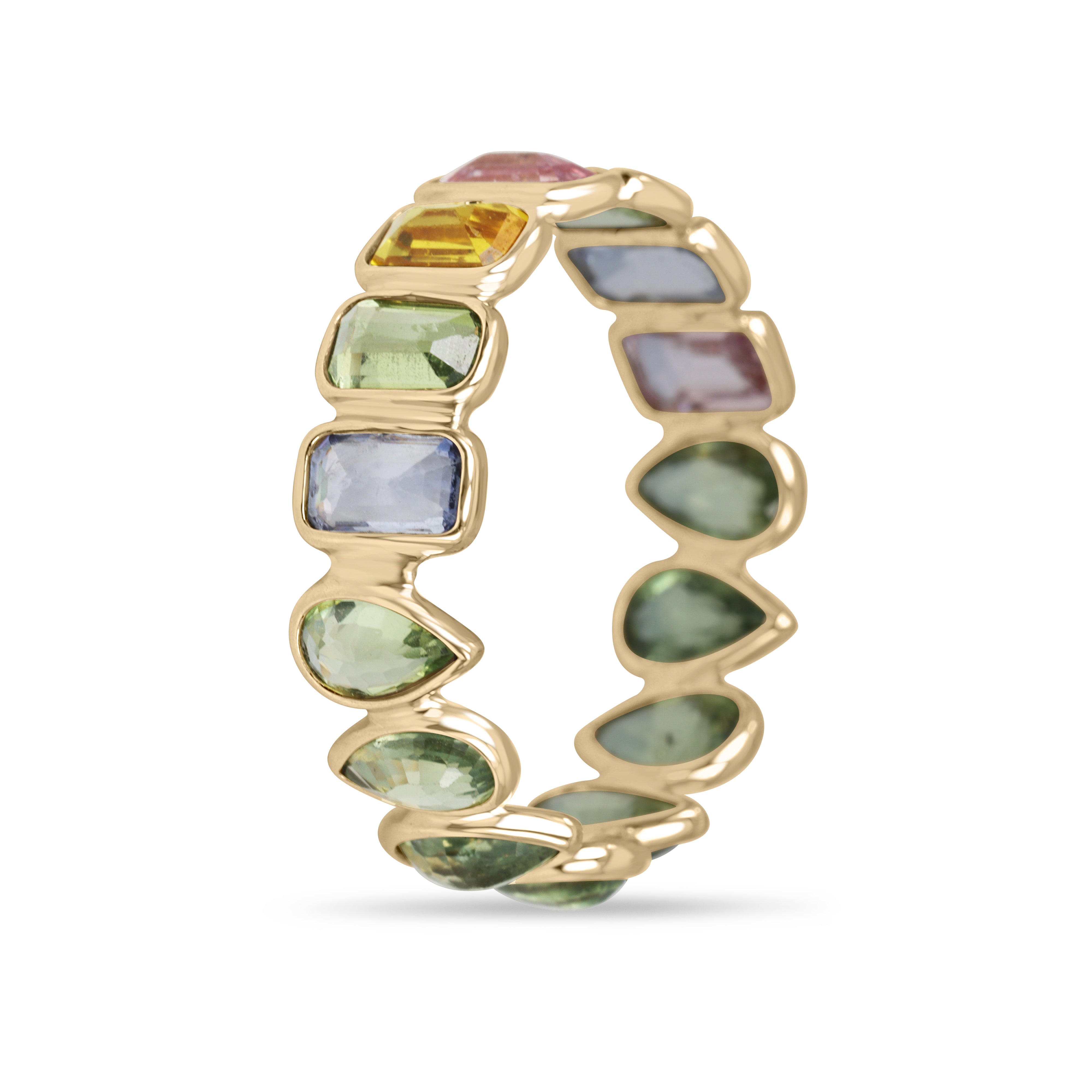 2.03tcw Pastel Rainbow Sapphire Eternity Band Inverted Sapphire Low Profile 18K Gold- Size 6.5