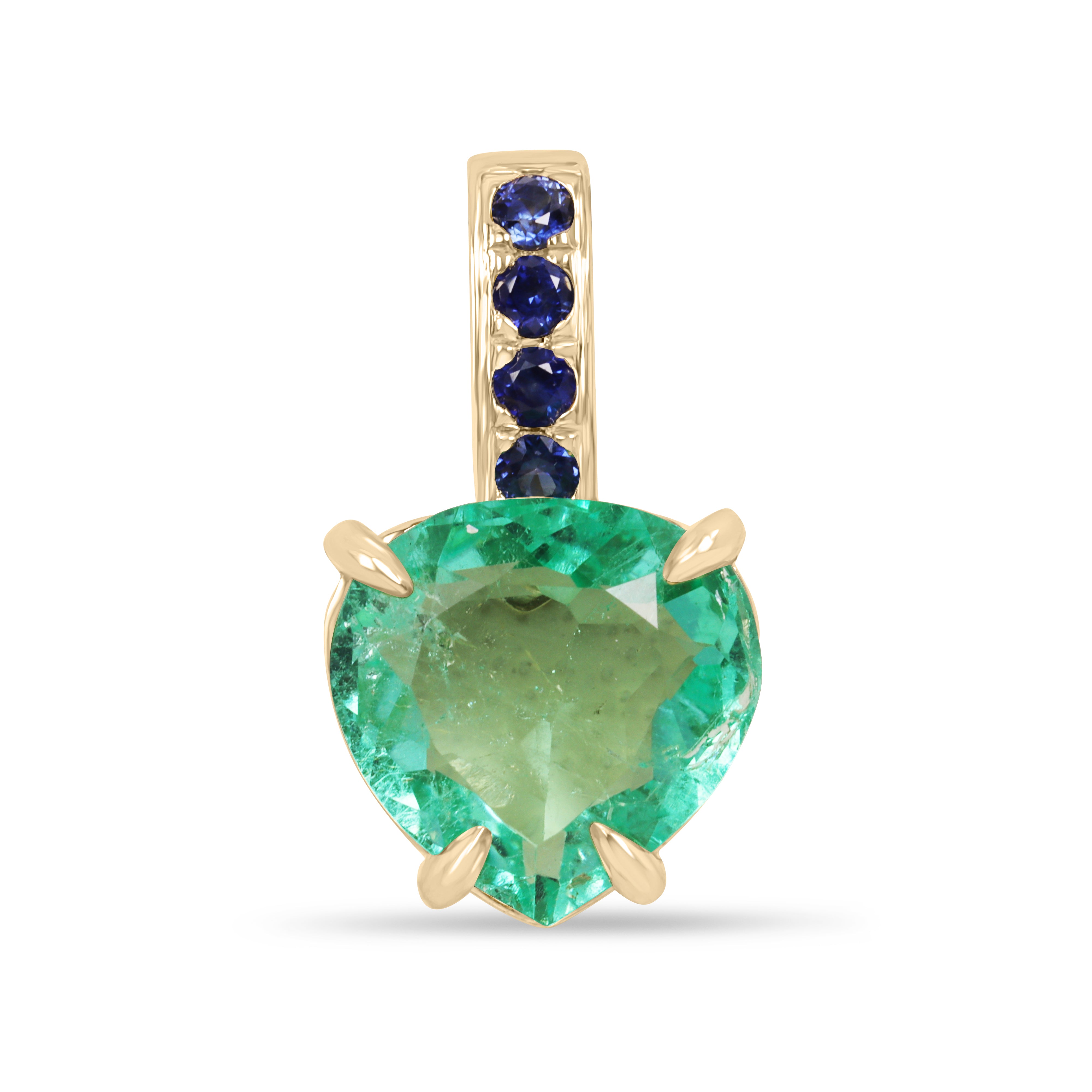 Colombian pear-shaped emerald pendant with blue sapphire bail in 14K gold, featuring a heart-shaped design from JR Colombian Emeralds.