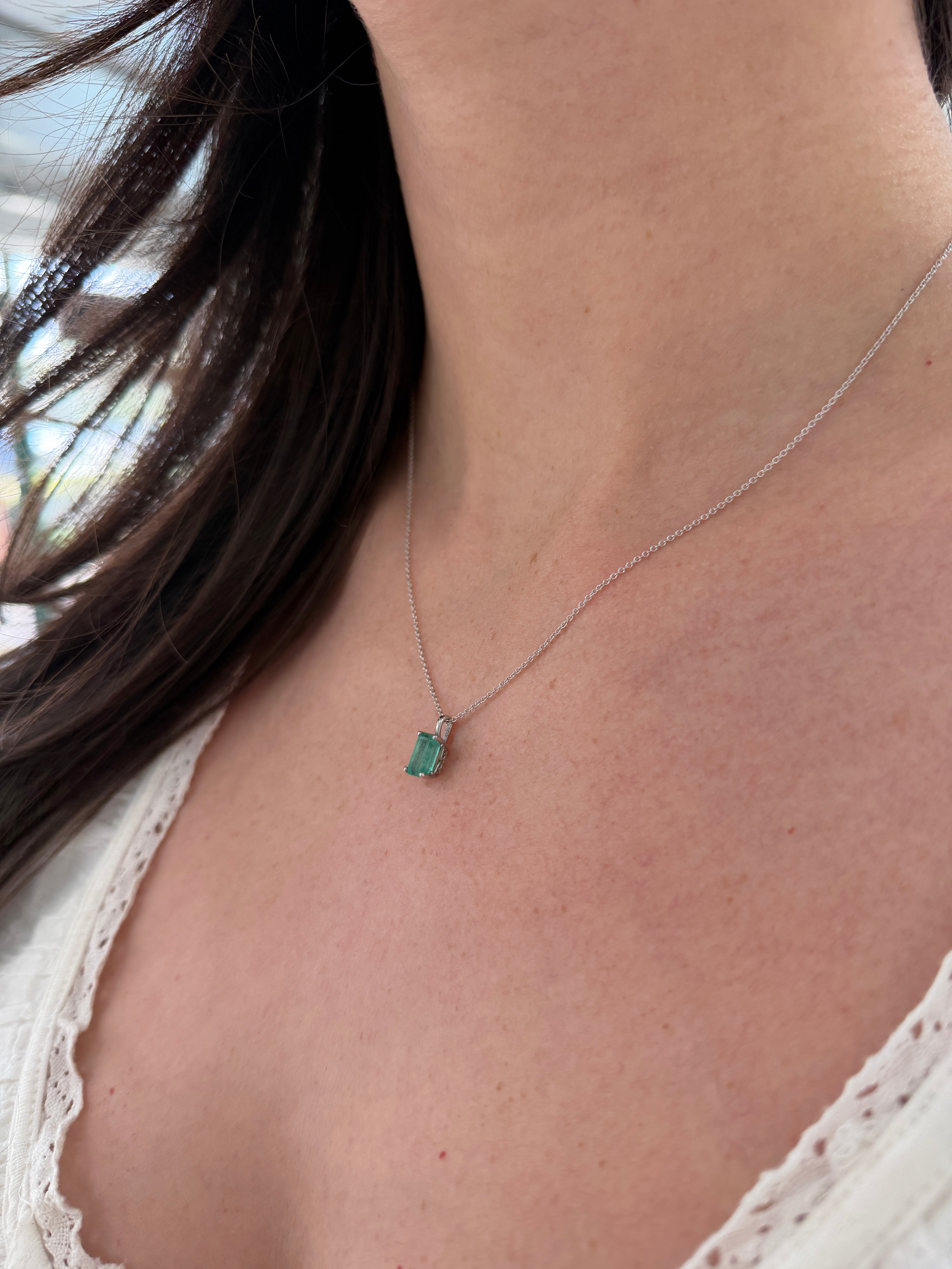 14K white gold Colombian emerald solitaire necklace with a 1.19 carat center emerald, elegant jewelry by JR Colombian Emeralds