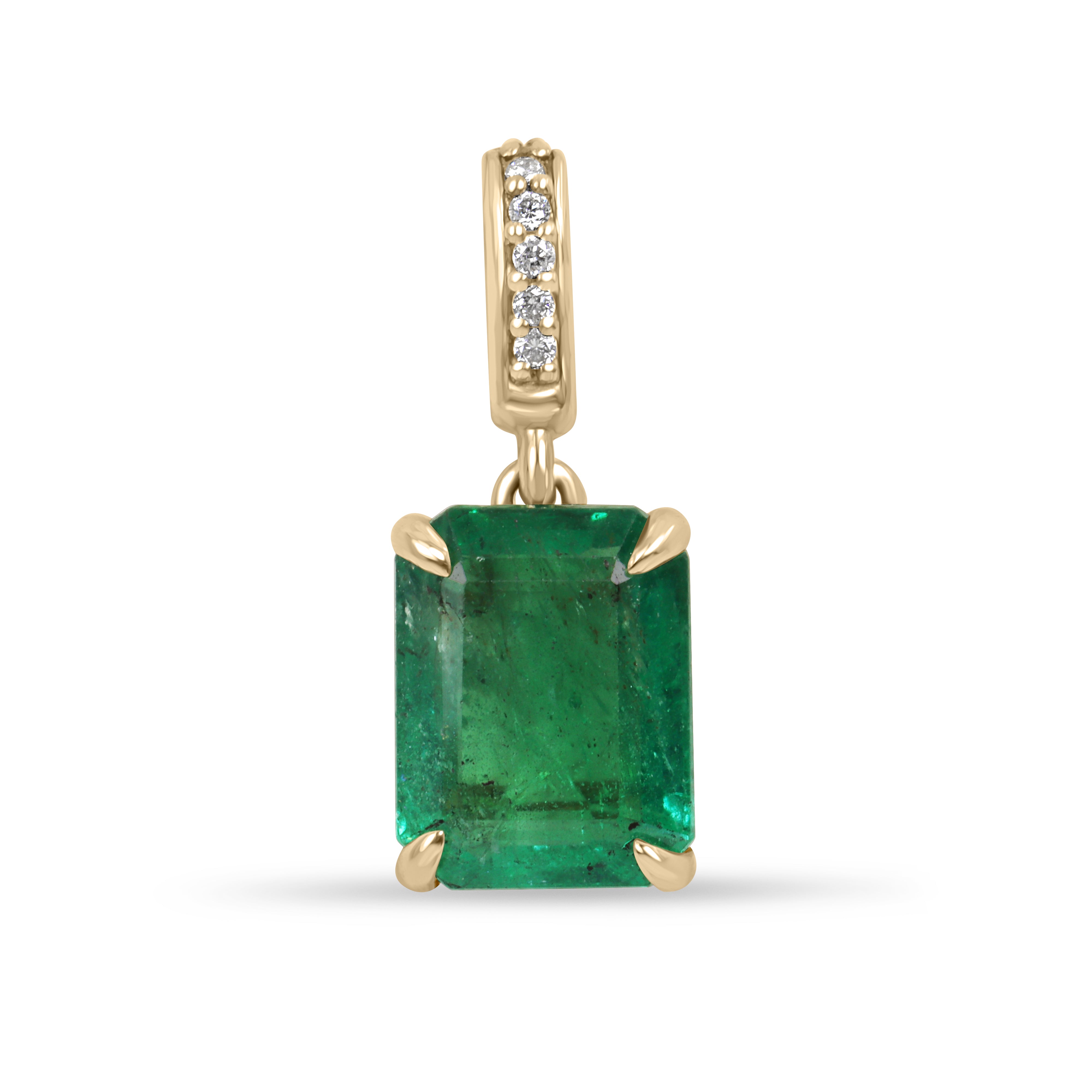 Emerald cut emerald pendant with diamond bail on 14K gold chain, featuring a vibrant green emerald and sparkling diamonds.