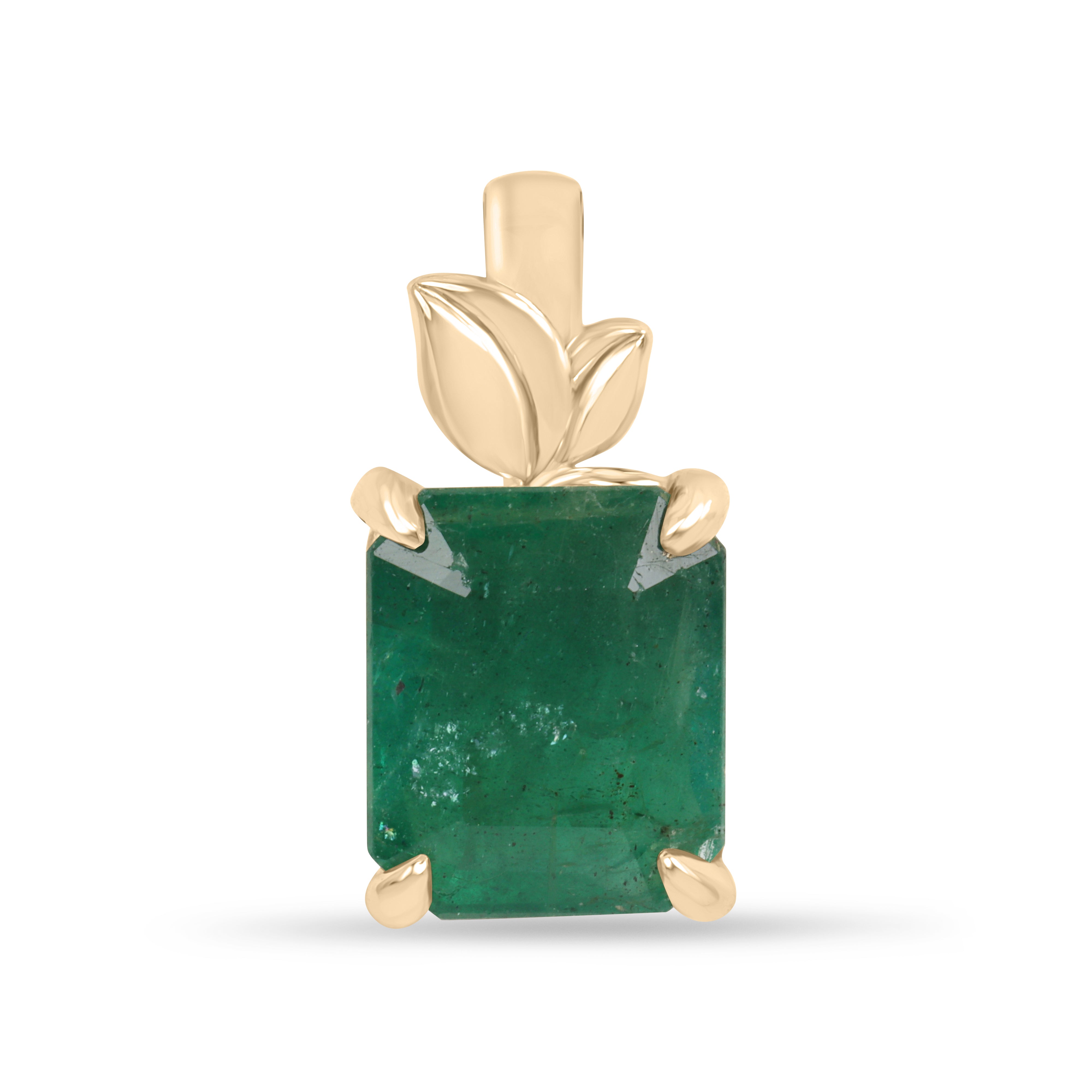 Emerald cut emerald pendant with leaf design and 14K gold bail, natural-inspired jewelry by JR Colombian Emeralds.