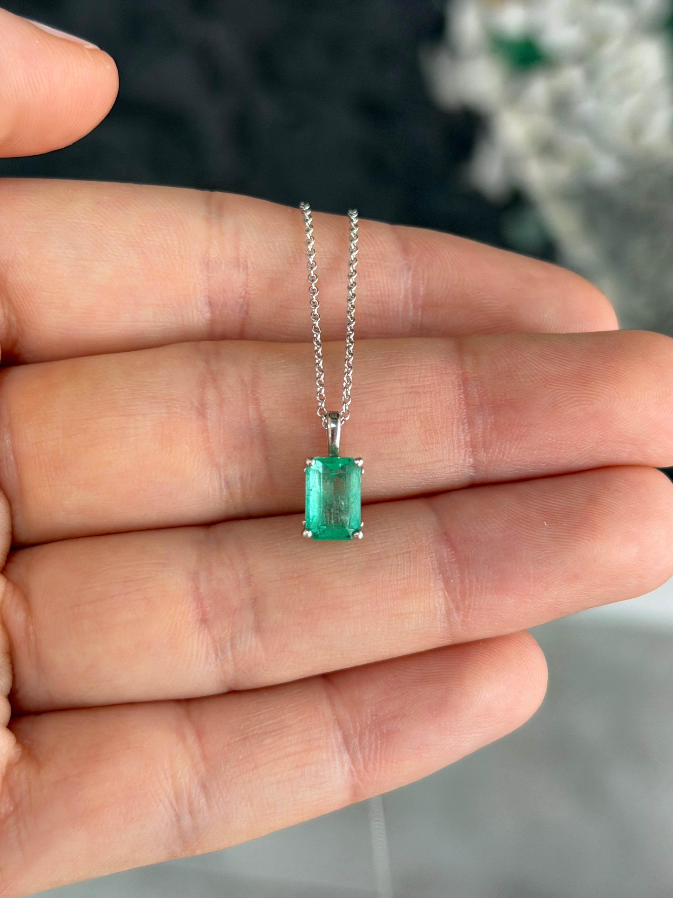 14K white gold Colombian emerald solitaire necklace featuring a 1.19 carat emerald gemstone, elegant jewelry by JR Colombian Emeralds.