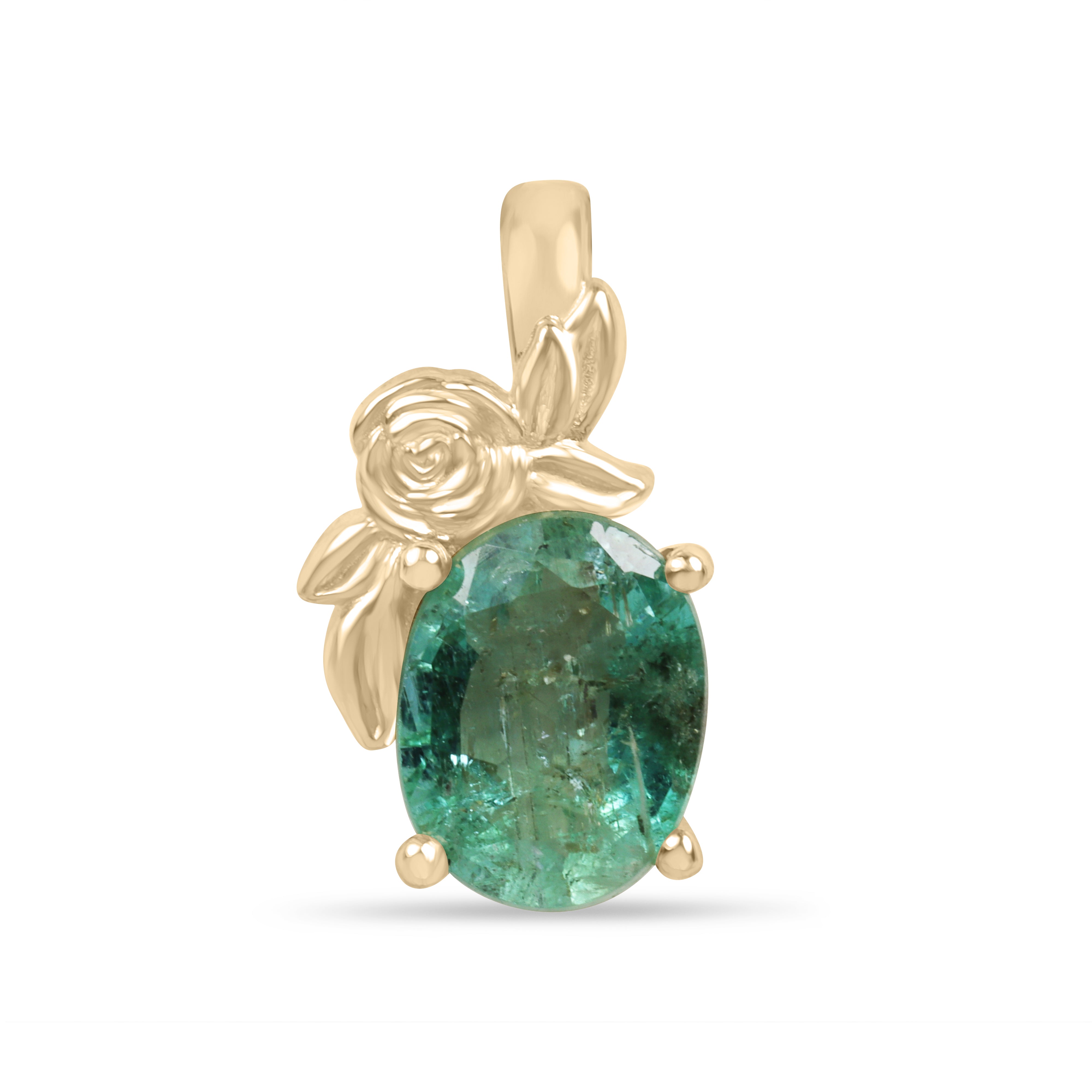 14K gold pendant necklace featuring a 1.80ct natural medium green oval cut emerald in a floral solitaire setting.
