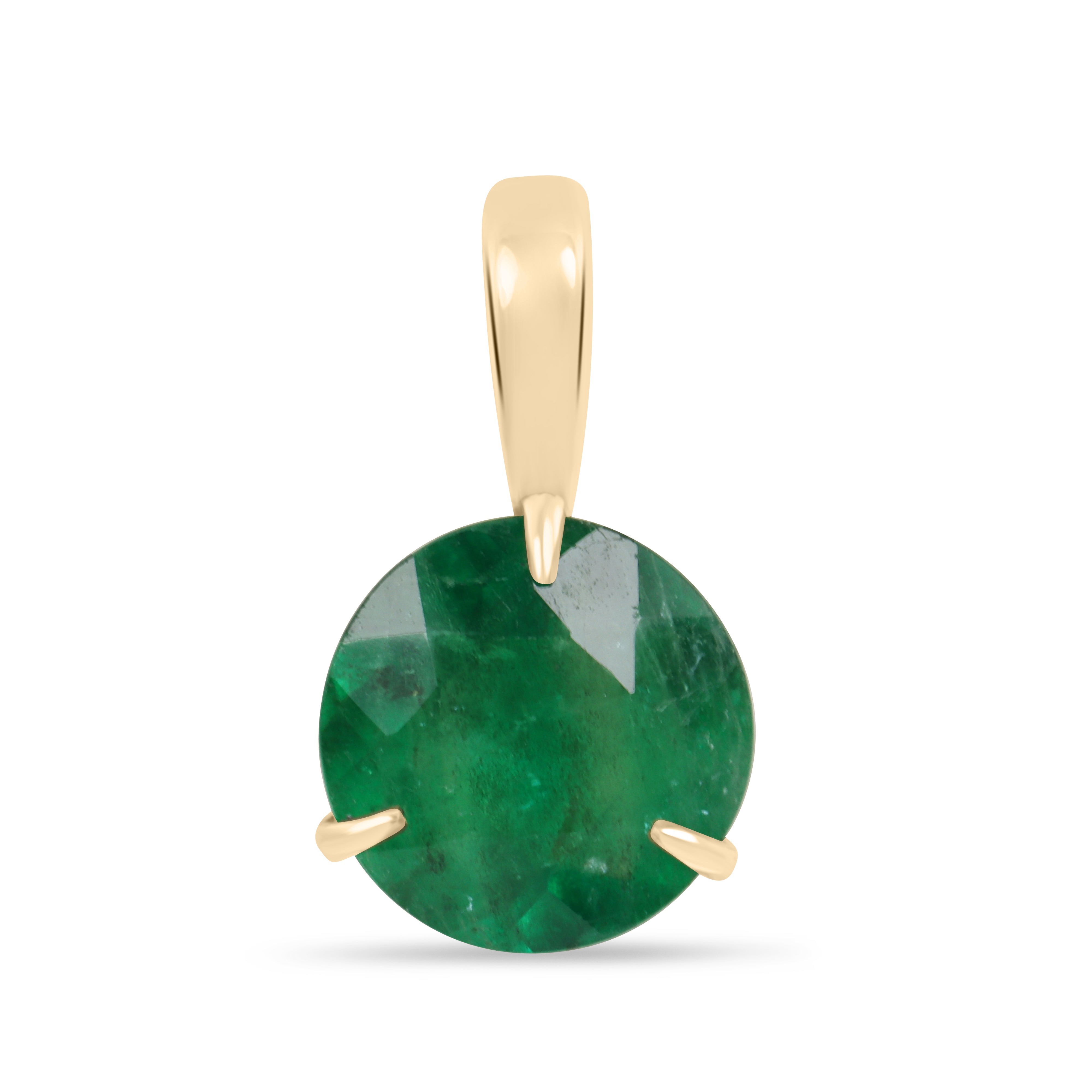 14K gold three prong round emerald solitaire necklace with 1.66ct emerald from JR Colombian Emeralds, close-up view of the pendant