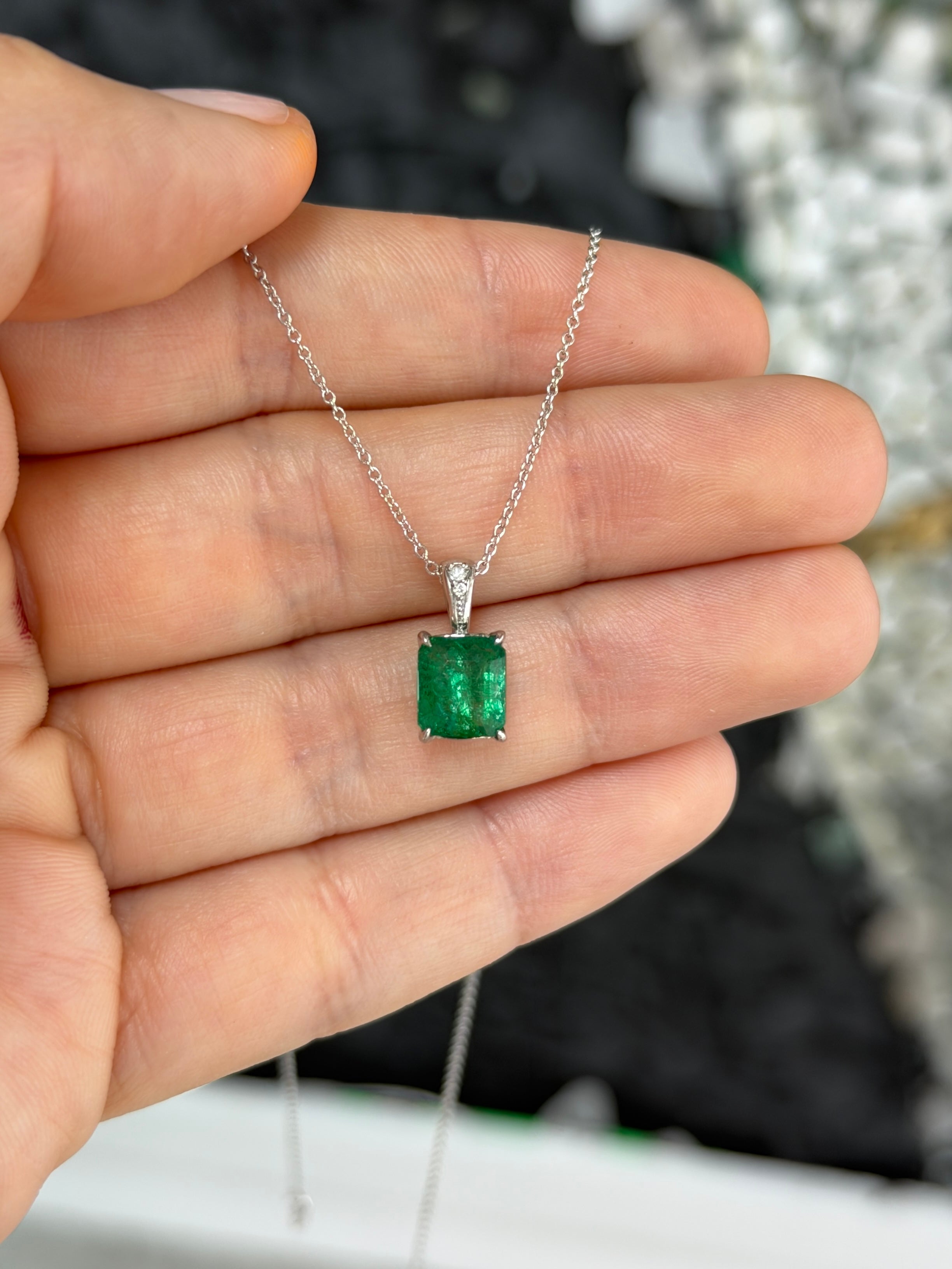 Emerald cut emerald and diamond bail pendant in 14K white gold with 1.60 tcw from JR Colombian Emeralds.