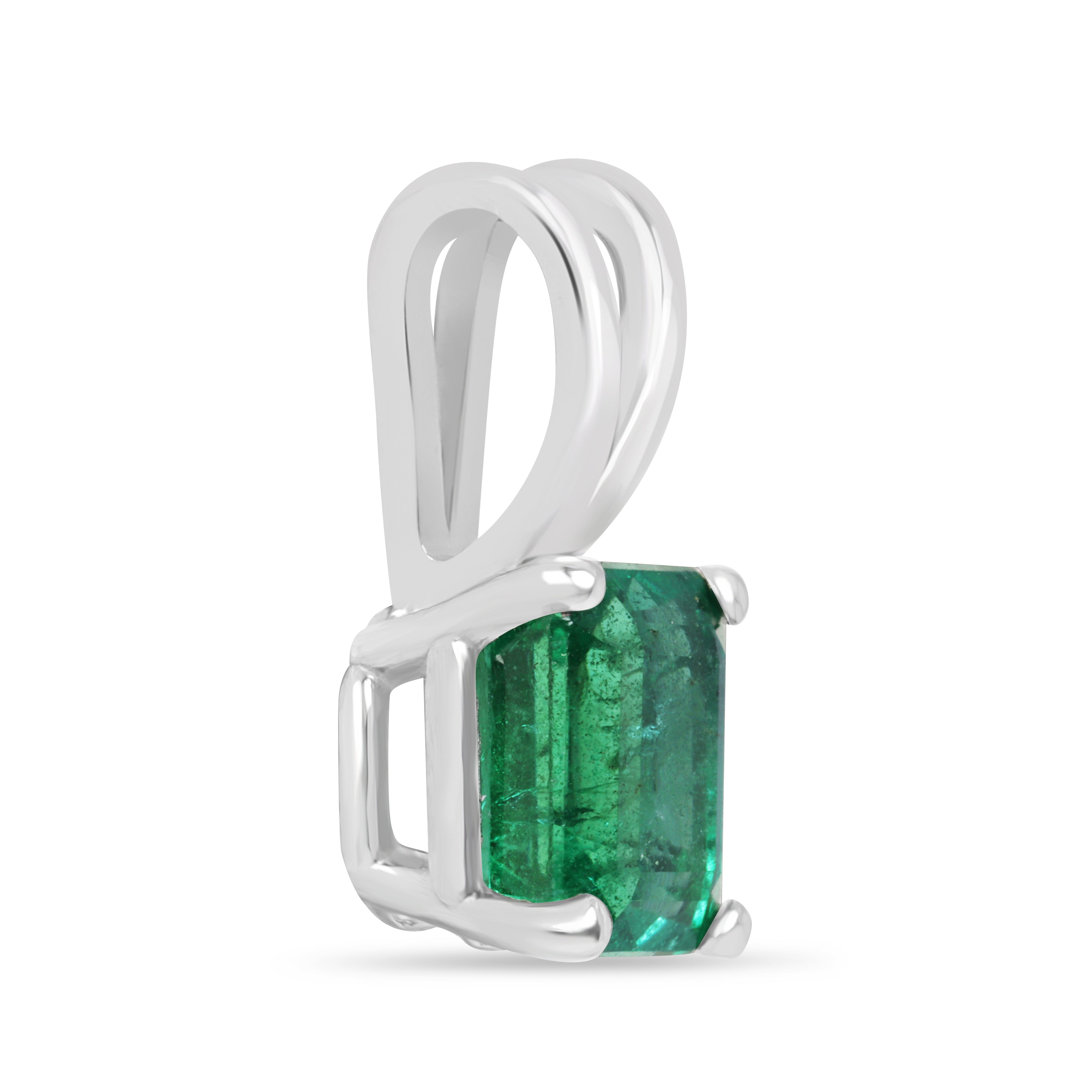Collana in platino con un solitario di smeraldo dal taglio Asscher di un verde intenso da 2,10 carati proveniente da JR Colombian Emeralds.