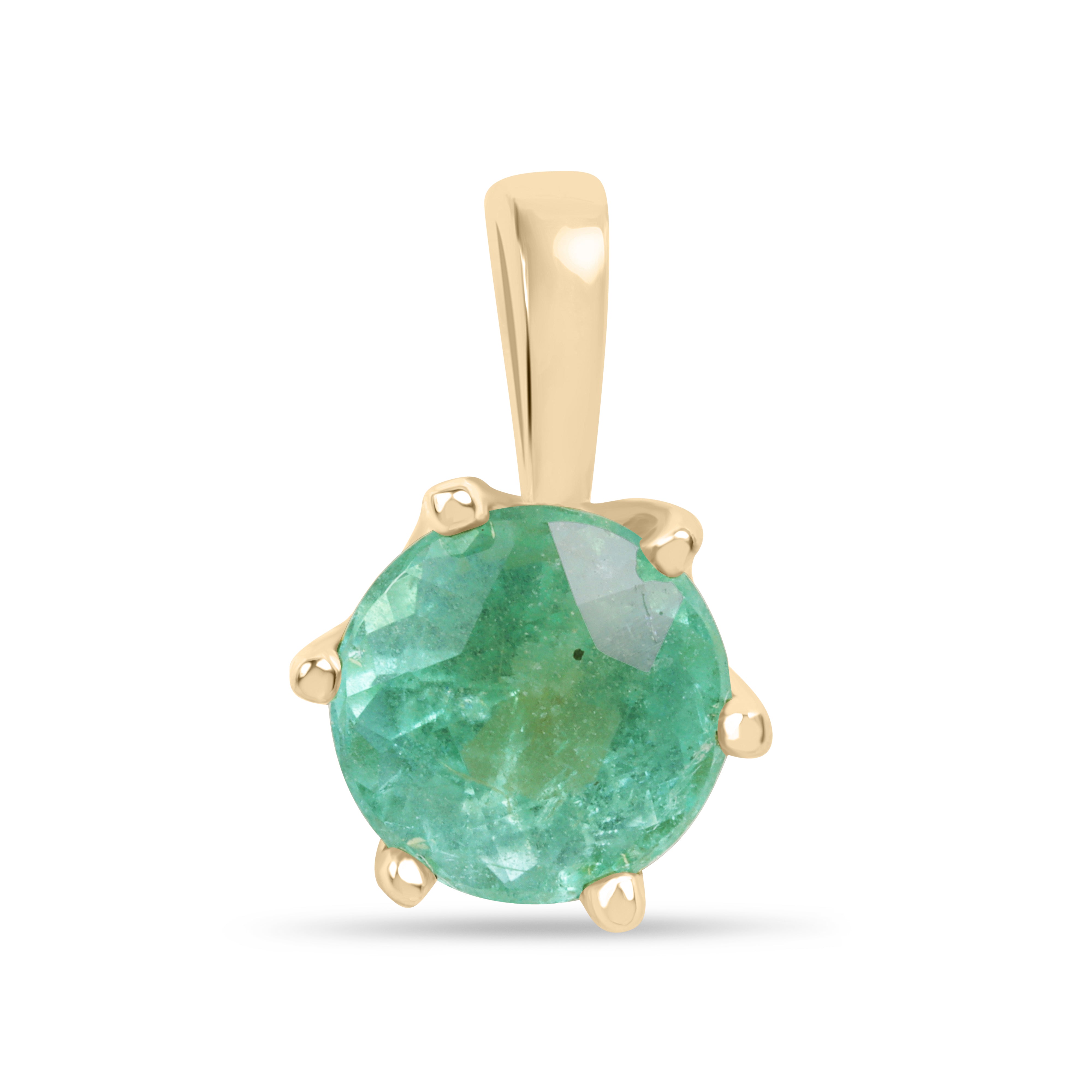14K gold Tiffany-style emerald solitaire necklace with 1.14ct round emerald, featuring a 6.5mm gemstone from JR Colombian Emeralds.