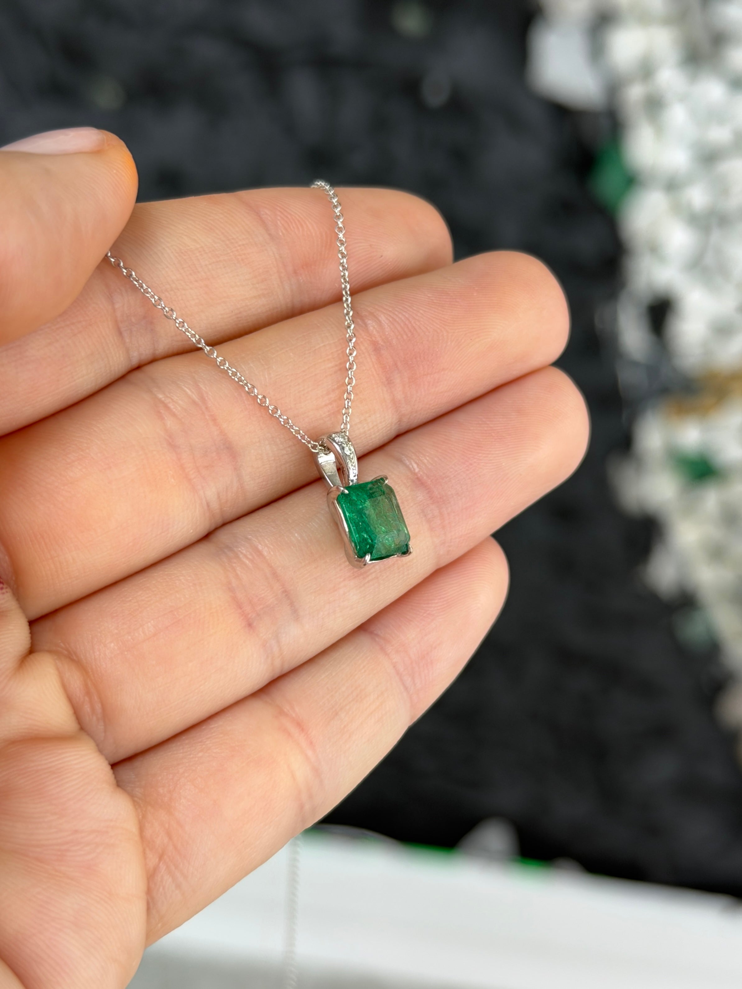 Emerald cut emerald and diamond bail pendant in 14K white gold with 1.60tcw, featuring a luxurious JR Colombian Emeralds design.