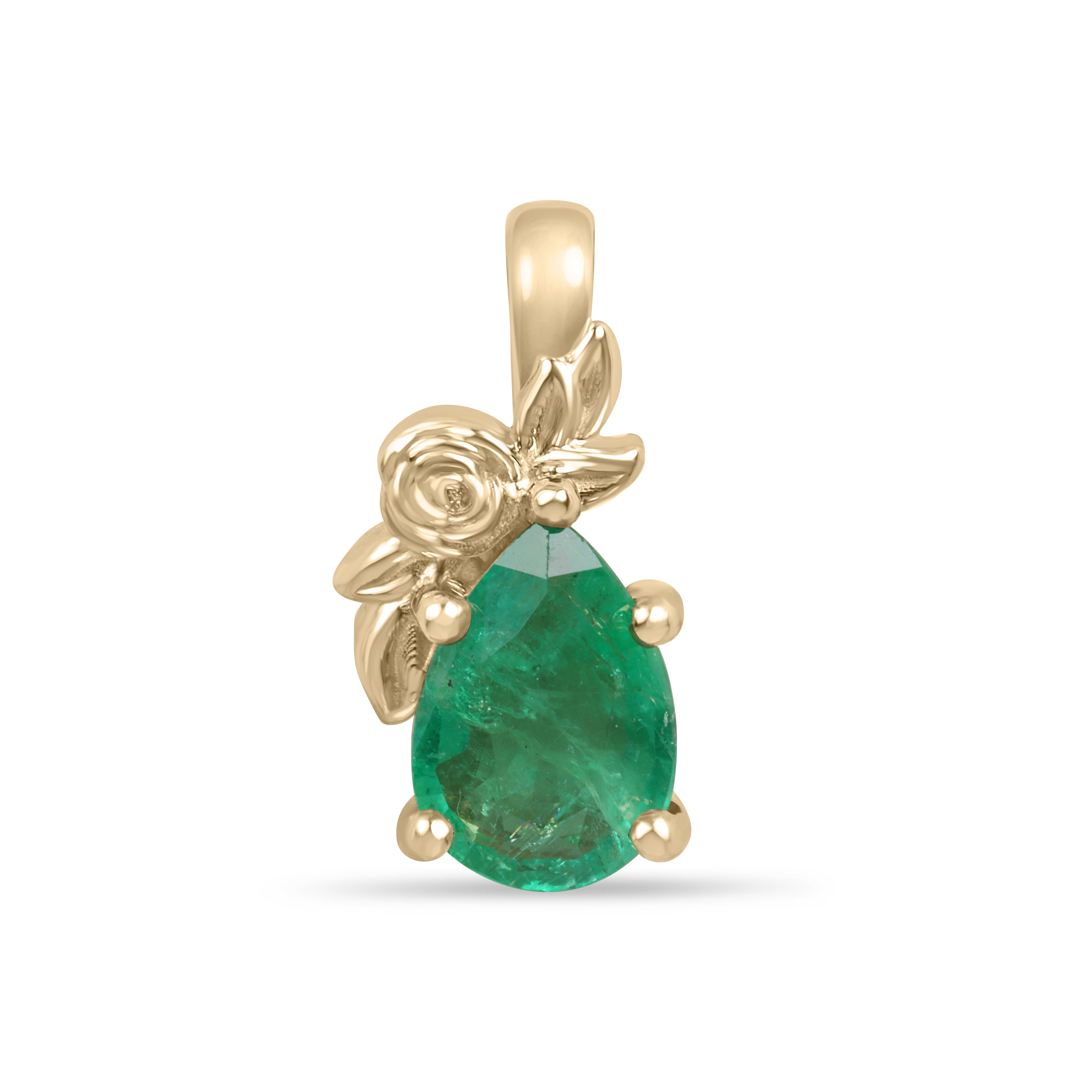 14K natural medium glowy green pear cut emerald pendant necklace with floral solitaire setting by JR Colombian Emeralds.