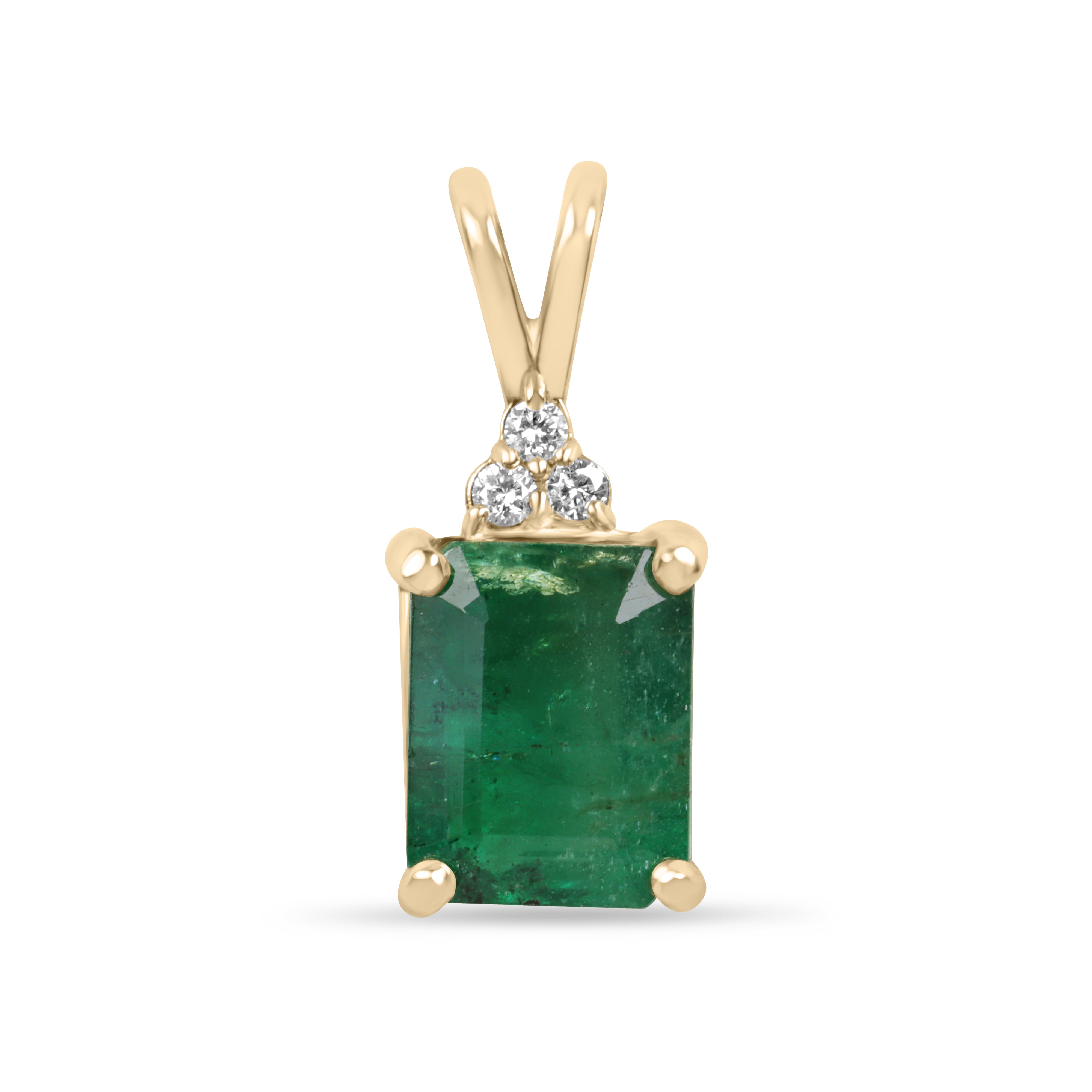 Emerald cut emerald pendant with trefoil diamond accents in 14K gold from JR Colombian Emeralds, showcasing a vibrant green gemstone.