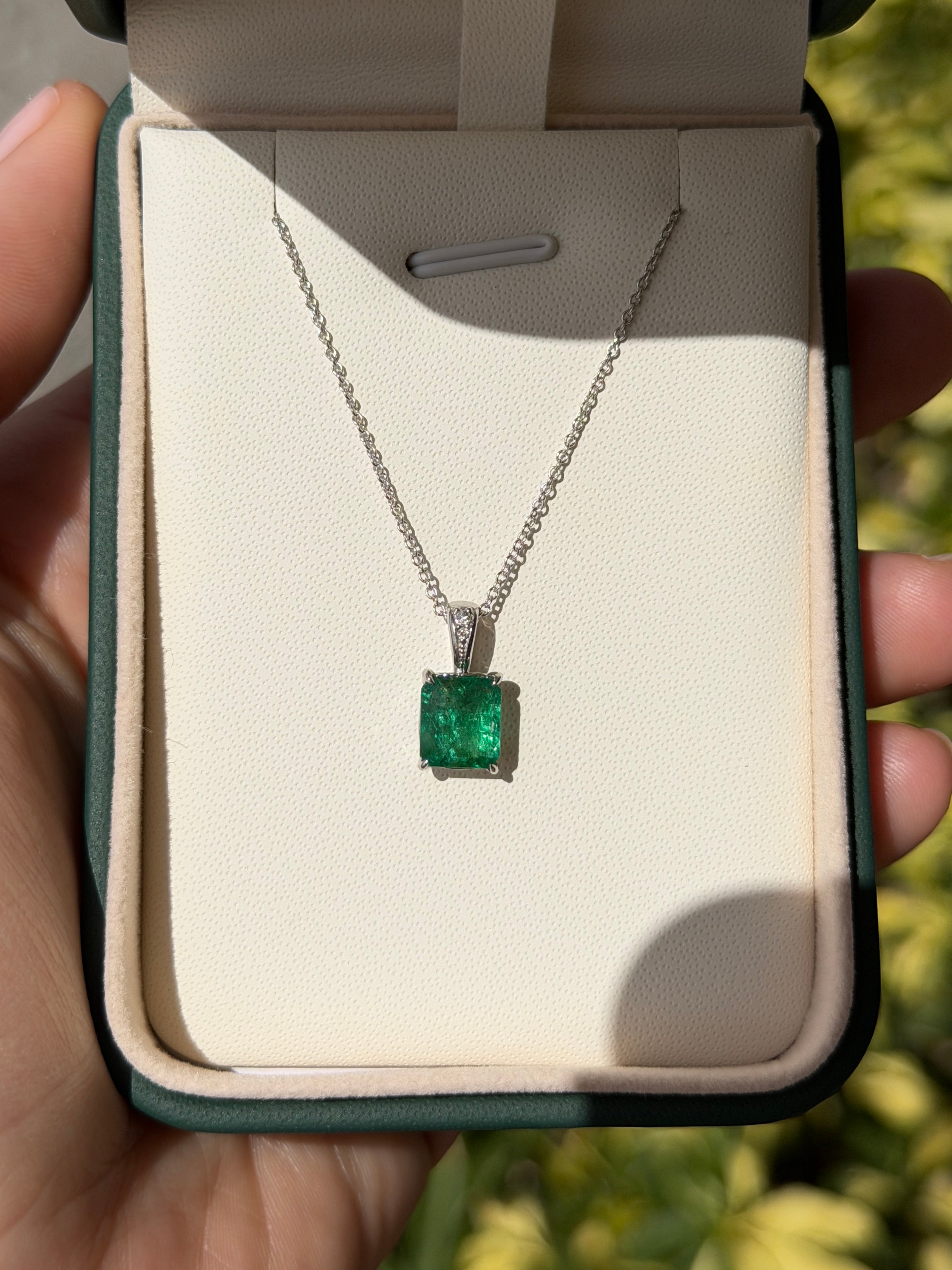 Emerald cut emerald and diamond bail pendant in 14K white gold with 1.60tcw gemstones, by JR Colombian Emeralds.