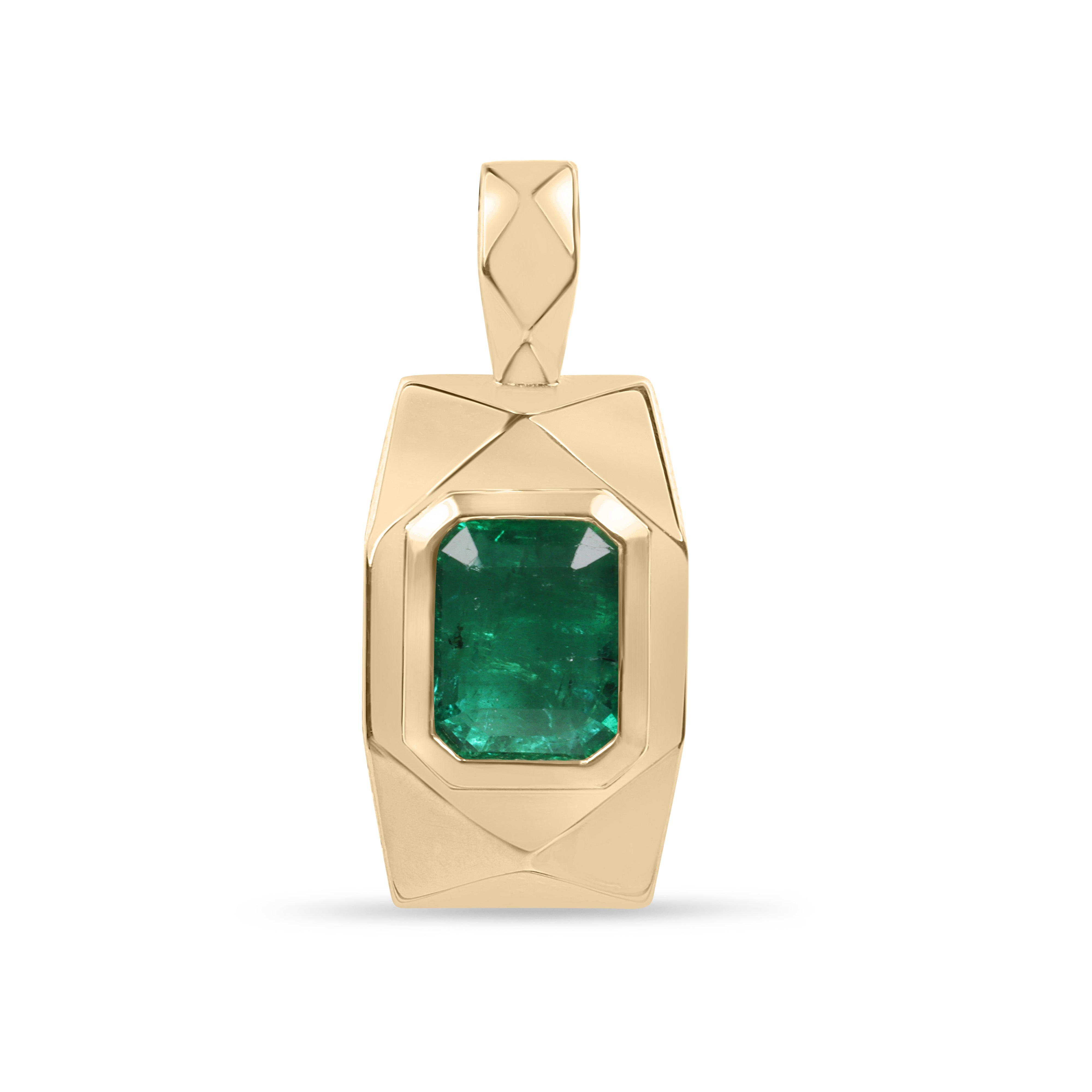 14K gold emerald dog tag pendant with 2.35 carats of vibrant Colombian emeralds, featuring a sleek rectangular design.