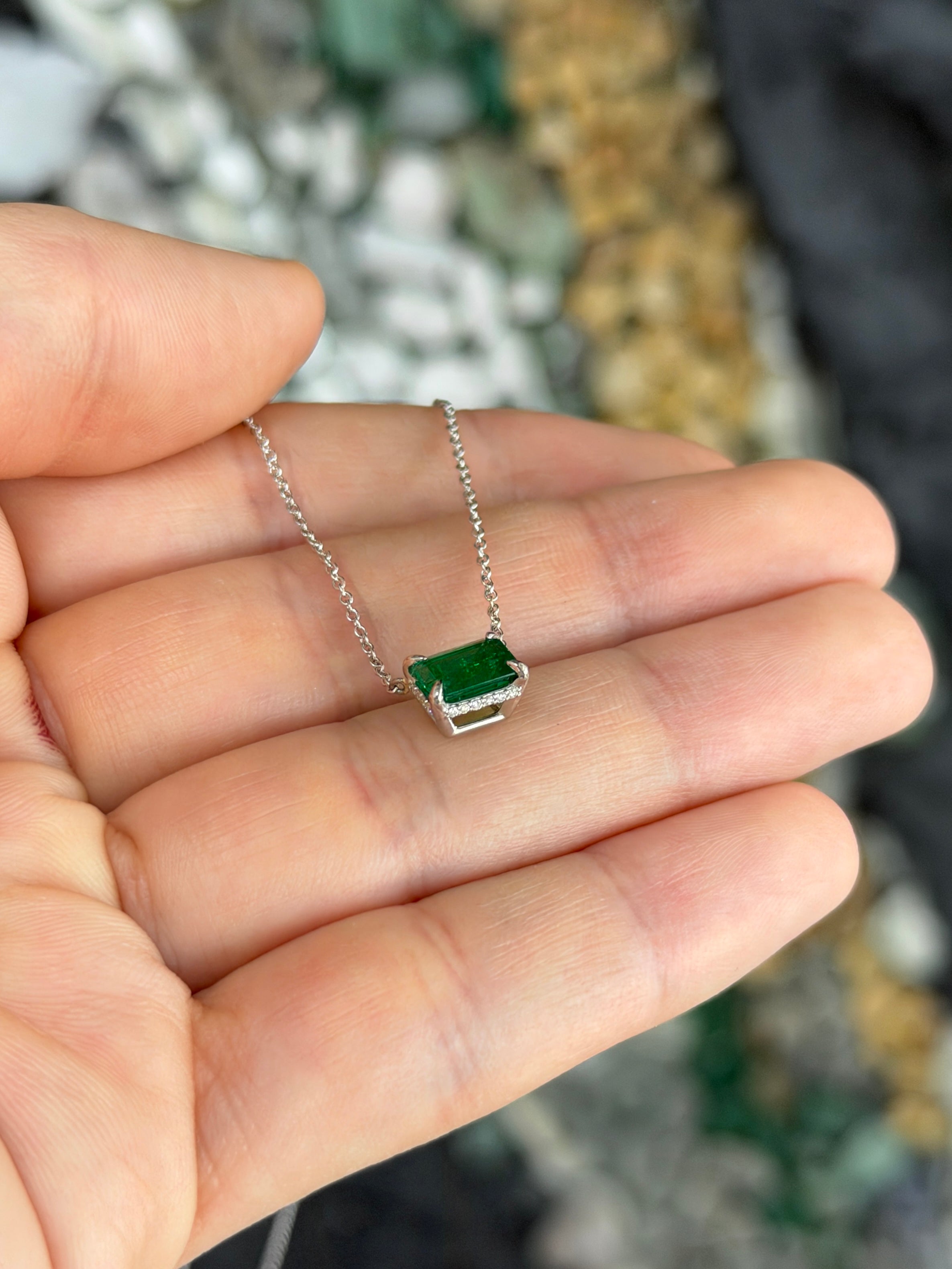 1.57tcw AAA Natural E-W Emerald with Hidden Diamond Halo Stationary Necklace Plat