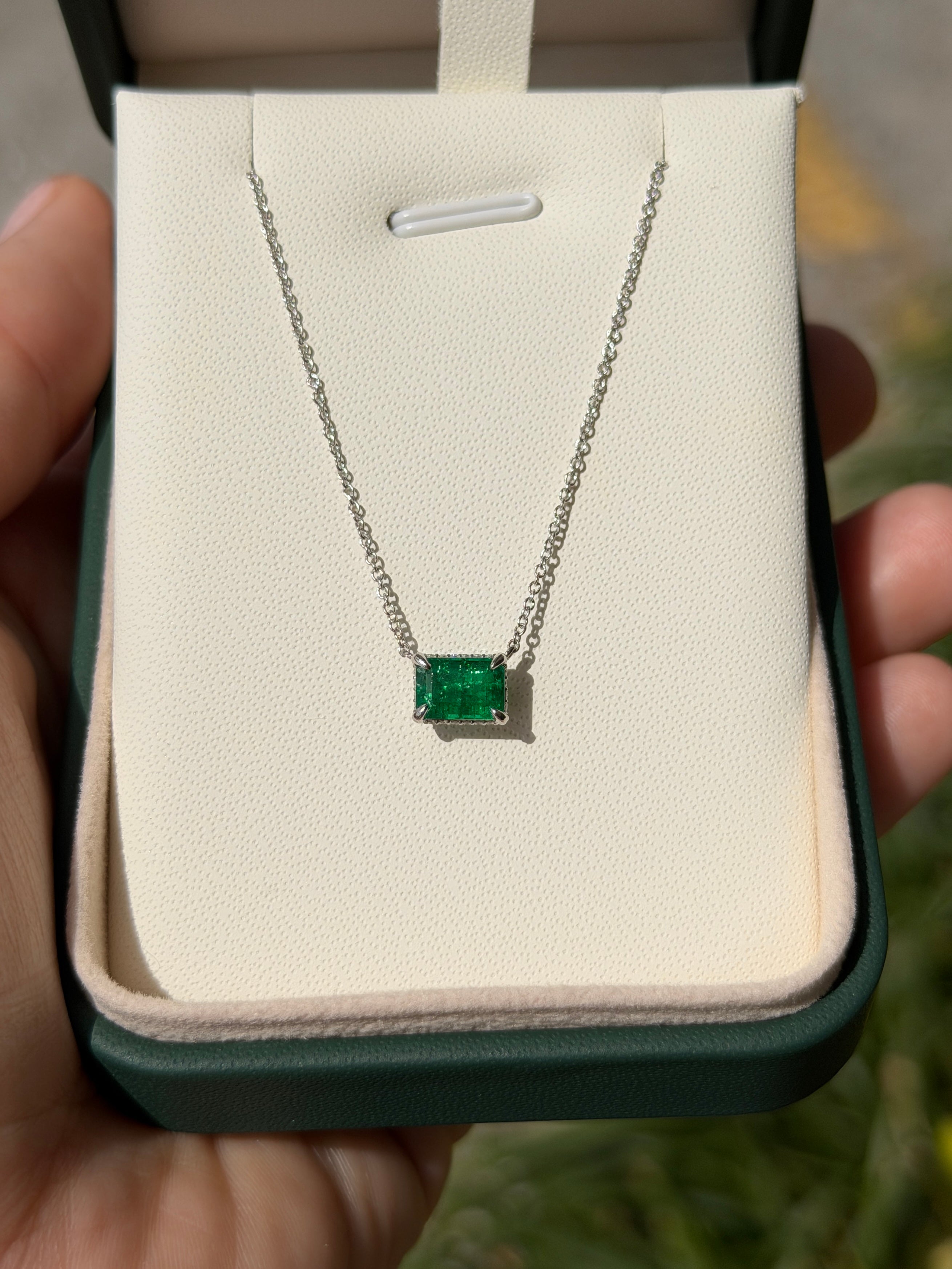 1.57tcw AAA Natural E-W Emerald with Hidden Diamond Halo Stationary Necklace Plat