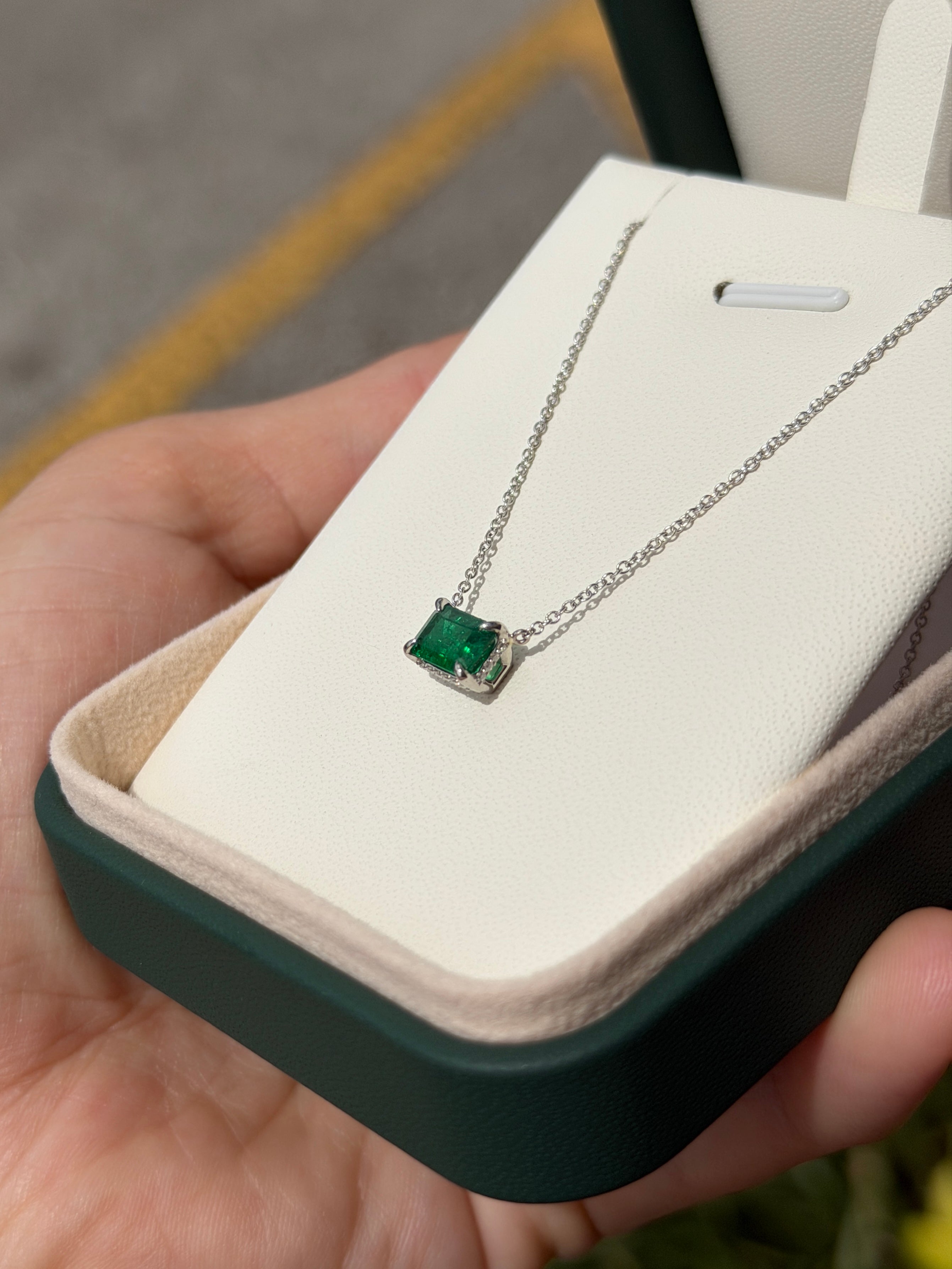 1.57tcw AAA Natural E-W Emerald with Hidden Diamond Halo Stationary Necklace Plat