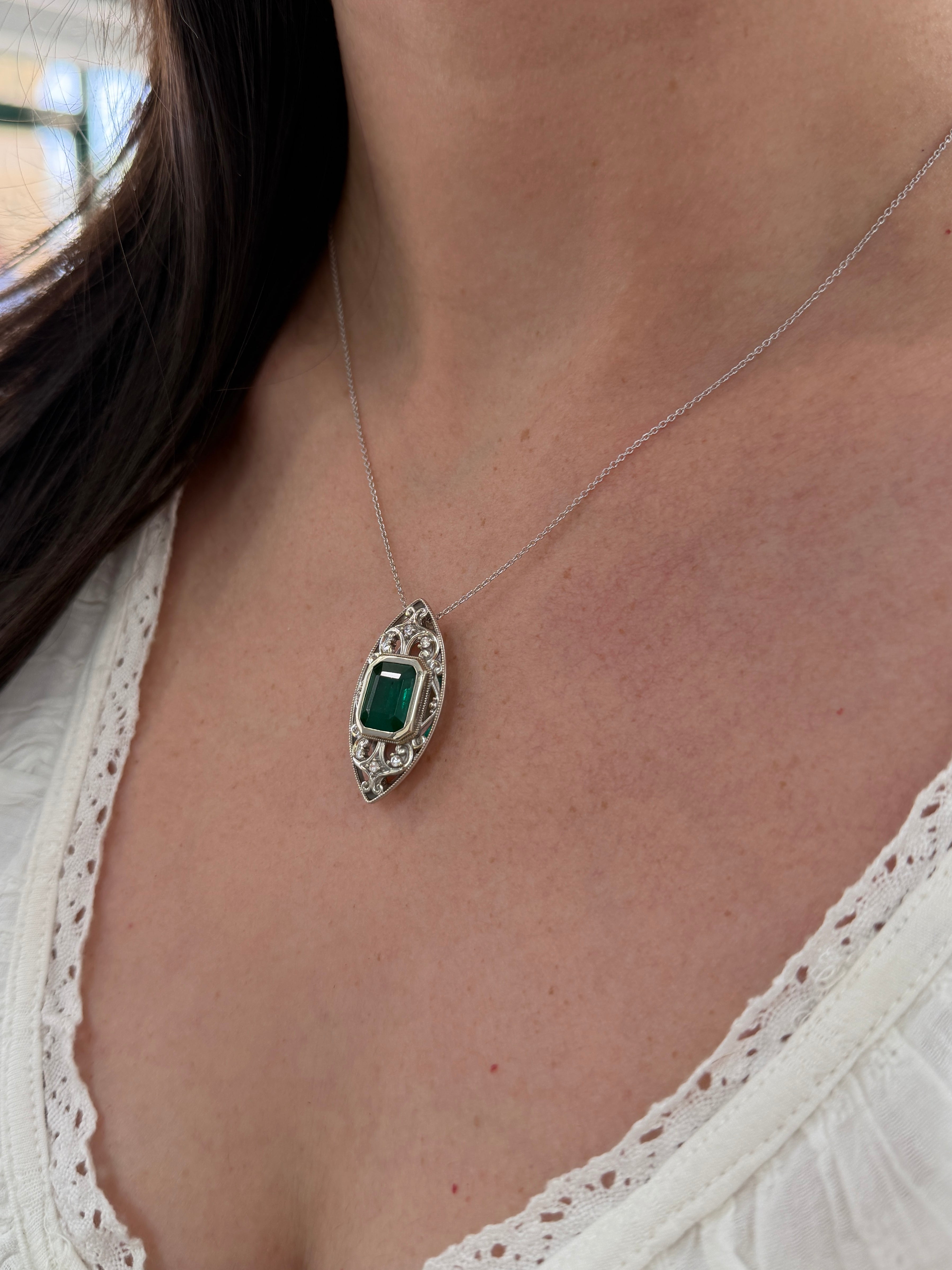 Art Deco-inspired emerald cut emerald vintage diamond slider necklace in 14K gold by JR Colombian Emeralds.