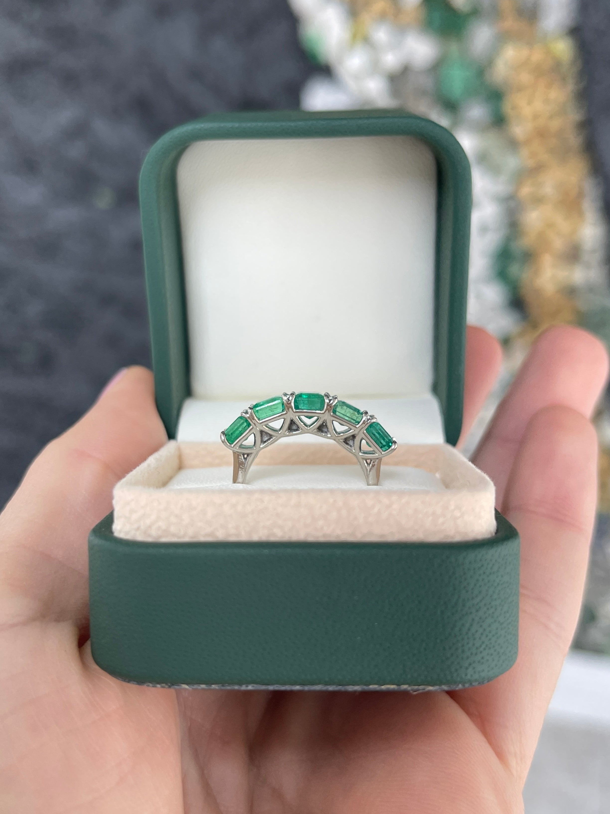3.30tcw Platinum Natural Emerald Asscher Cut Five Stone Wedding Band Ring - JR Colombian Emeralds