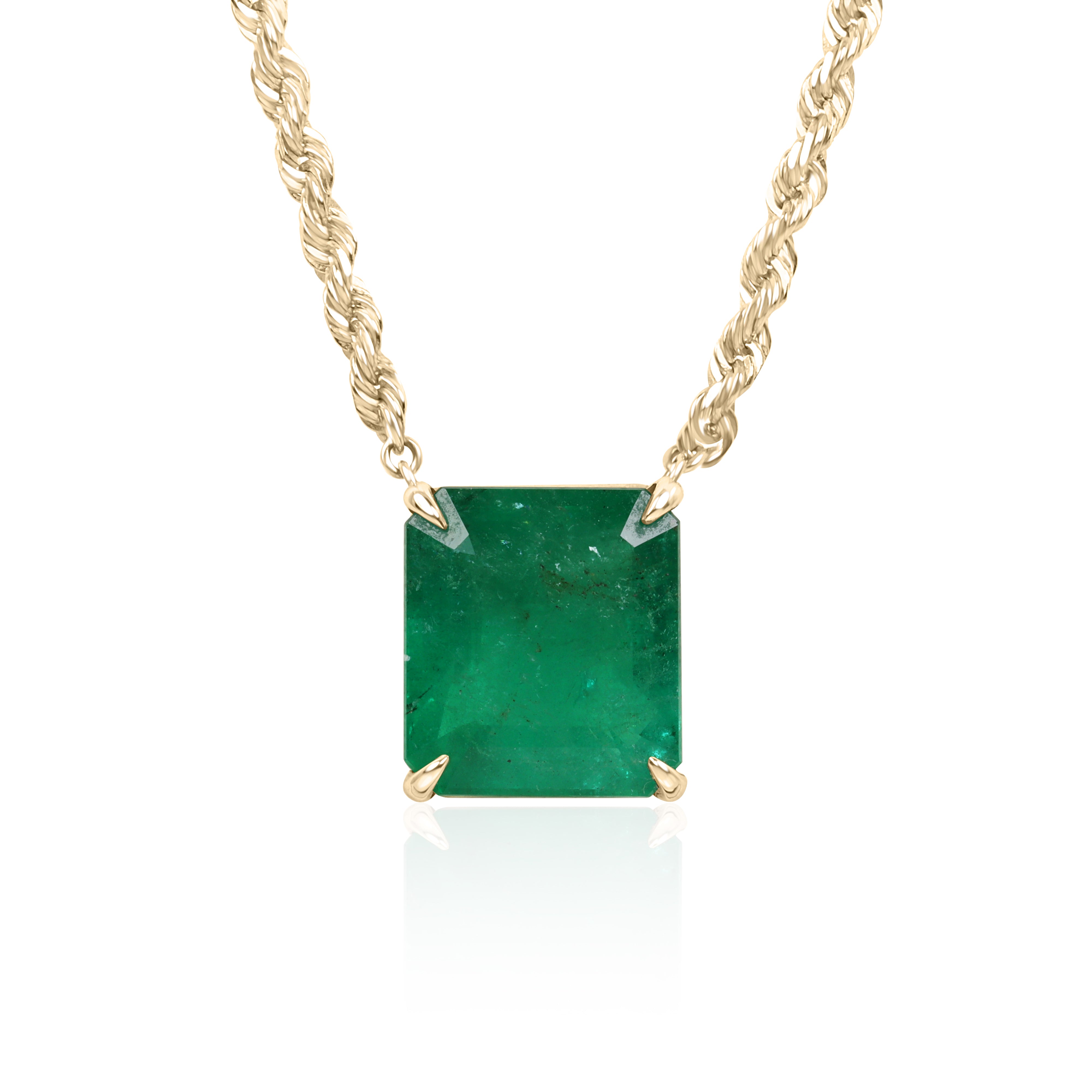 14K emerald cut emerald solitaire necklace with 20-inch rope chain, showcasing a vibrant green gemstone from JR Colombian Emeralds.