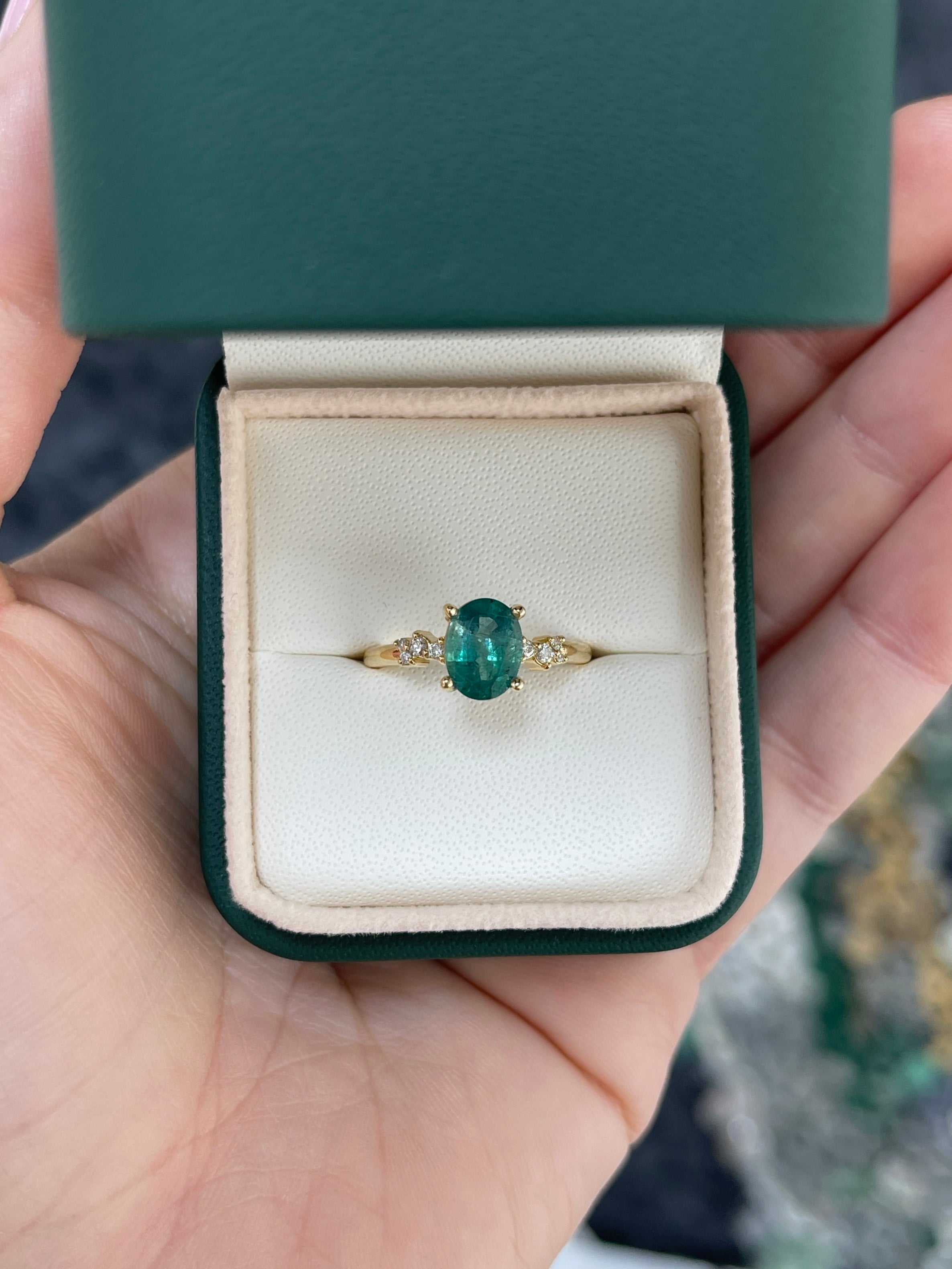 18K gold oval cut emerald and diamond constellation accent right hand ring, featuring 1.41tcw from JR Colombian Emeralds.