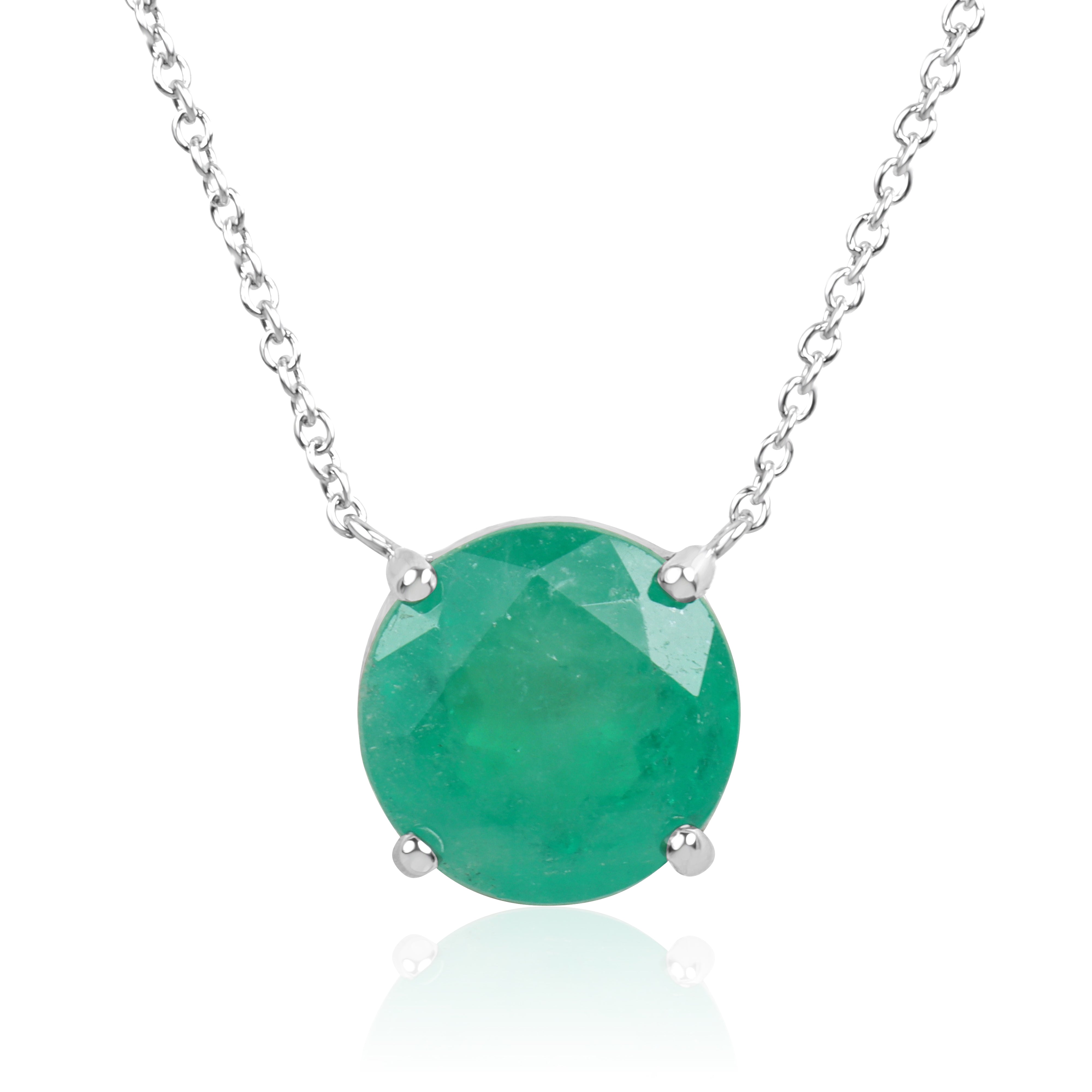 Natural 4.45ct round Colombian emerald stationary necklace with 18K gold setting from JR Colombian Emeralds.