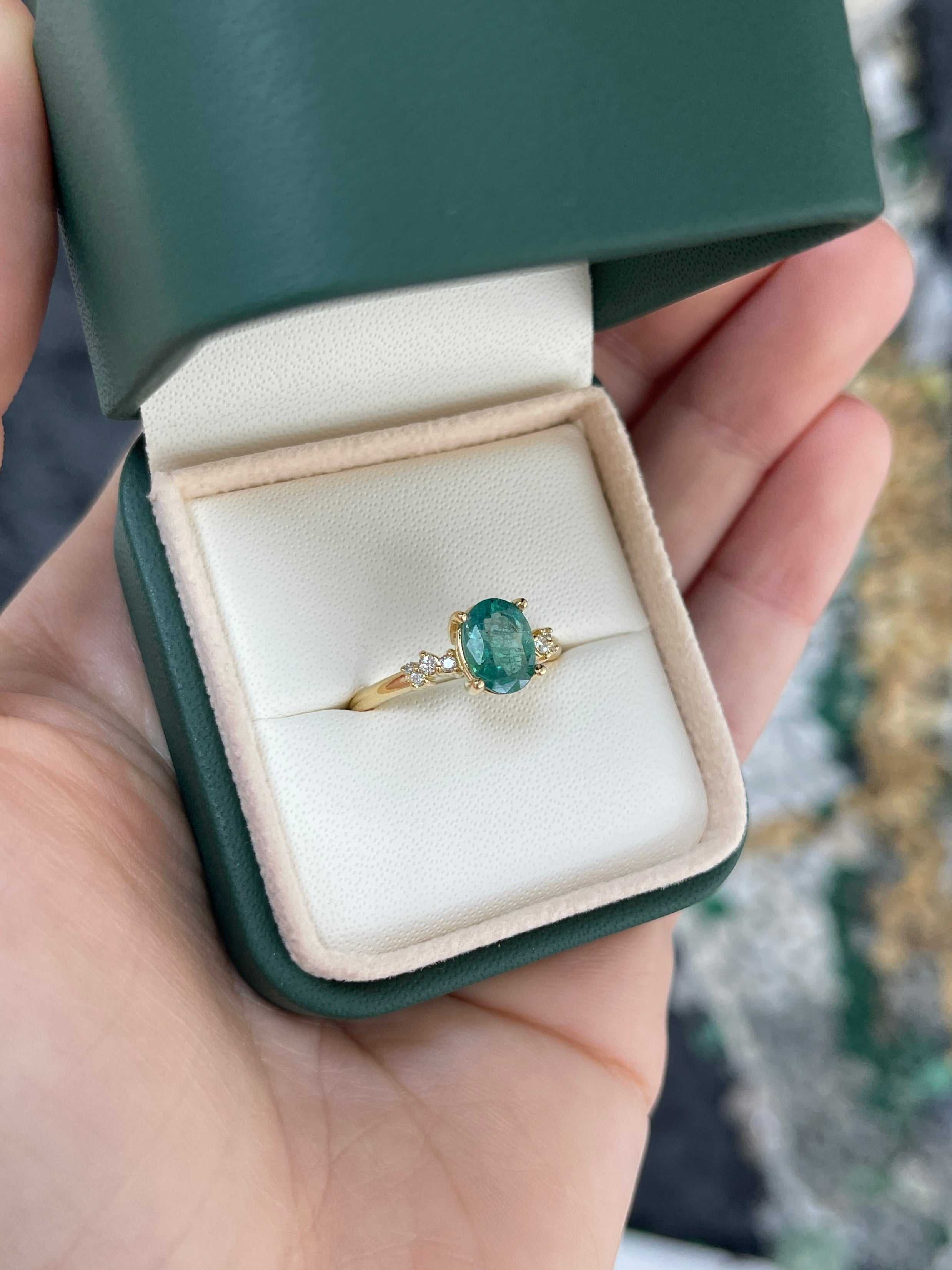 18K gold oval cut emerald and diamond constellation accent right hand ring by JR Colombian Emeralds, featuring sparkling gemstones.