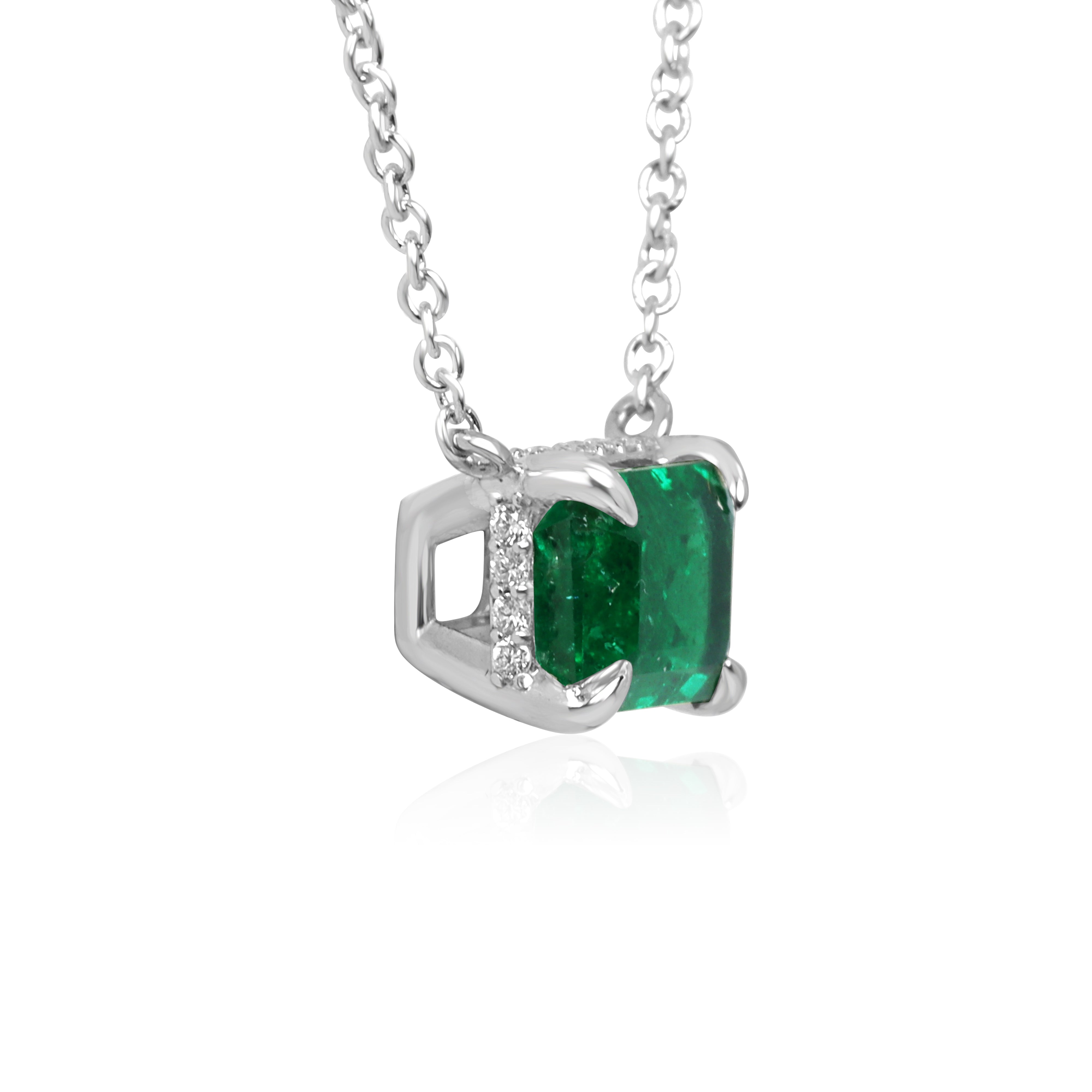 JR Colombian Emeralds 1.57tcw AAA Natural E-W Emerald Necklace with hidden diamond halo, platinum setting, and elegant station design.