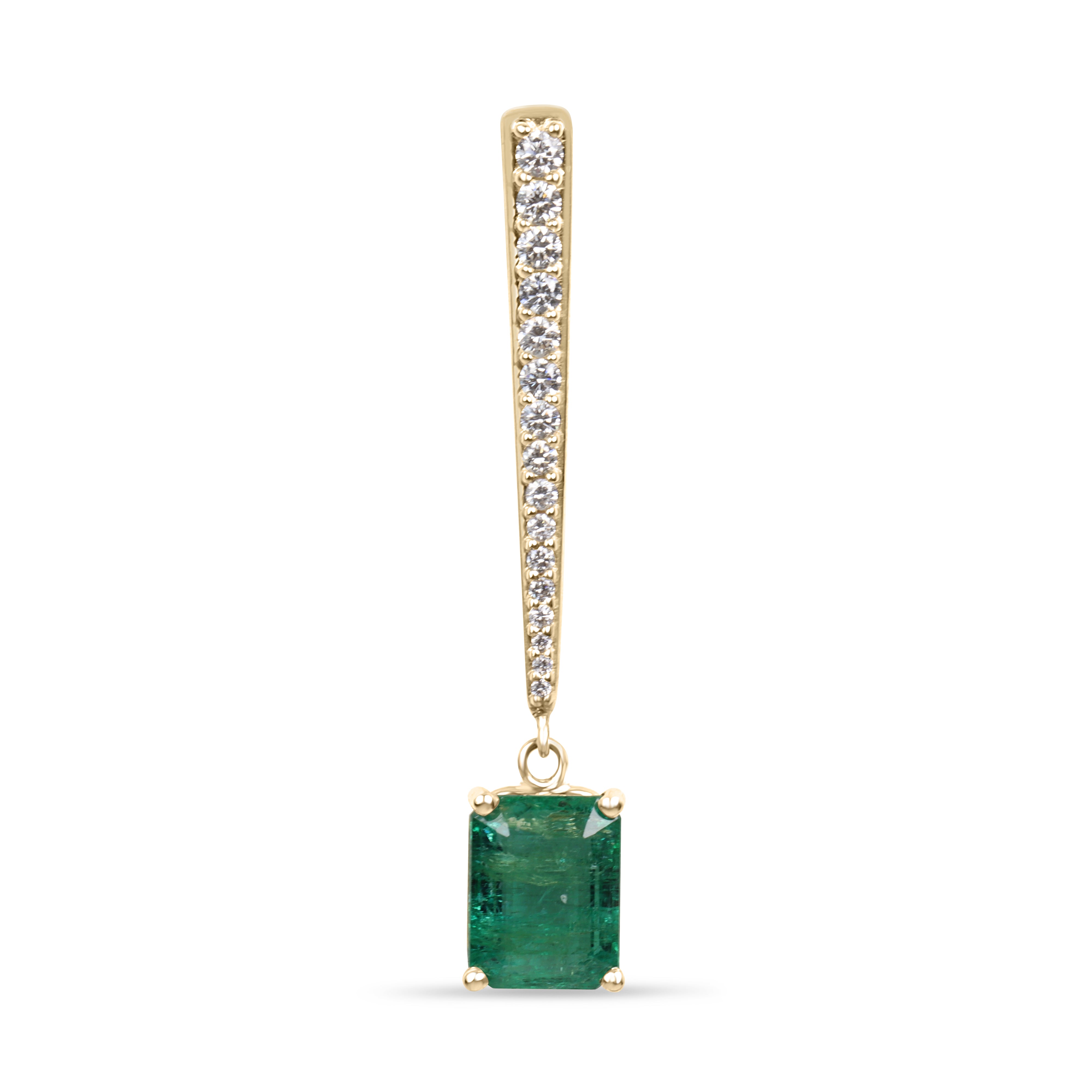 14K gold emerald cut emerald and diamond V drop pendant necklace with diamond accents, featuring a 2.68 carat total weight from JR Colombian Emeralds.