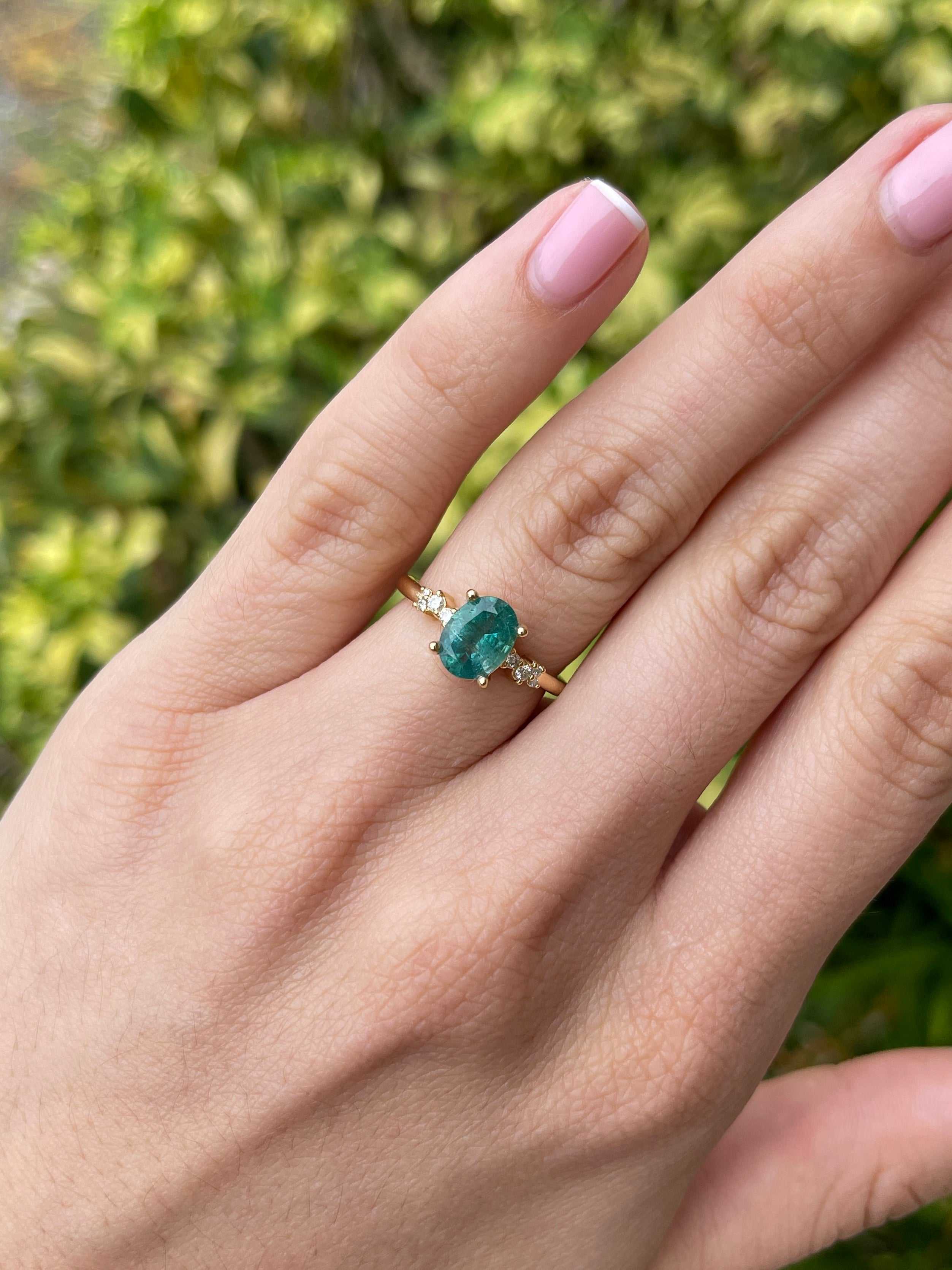 18K gold oval cut emerald and diamond constellation accent right hand ring with 1.41tcw from JR Colombian Emeralds.