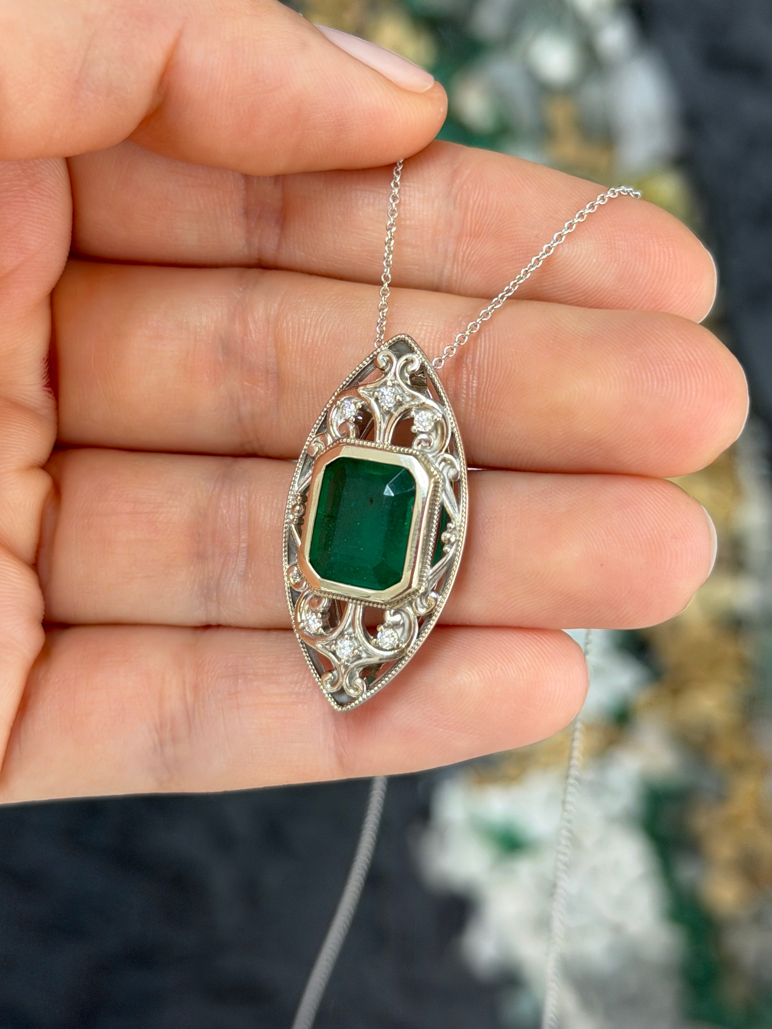 Art Deco-inspired emerald cut emerald diamond slider necklace in 14K gold, featuring vintage filigree details by JR Colombian Emeralds.