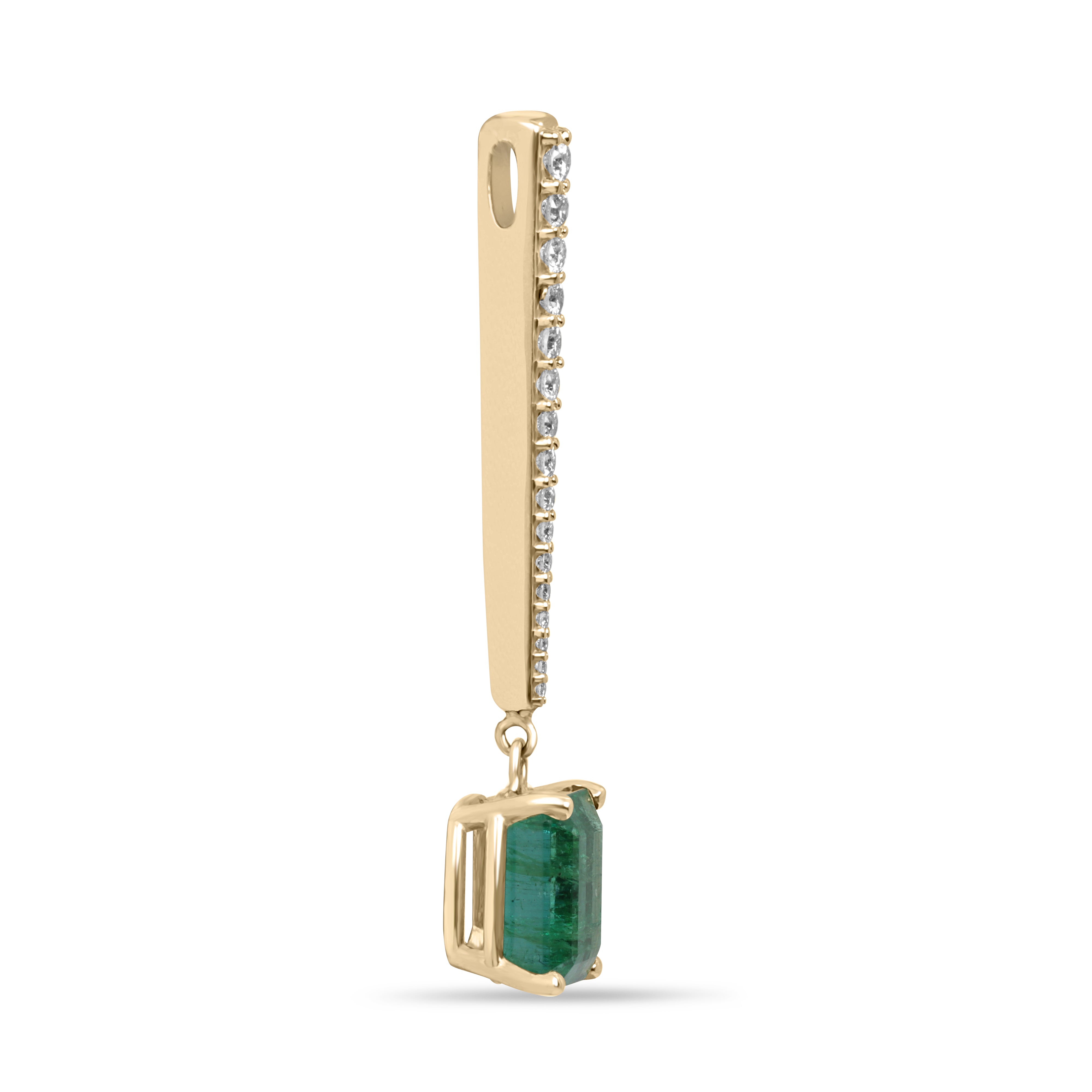 Natural emerald cut emerald and diamond pendant necklace with V drop design, 14K gold, 2.68 tcw, by JR Colombian Emeralds