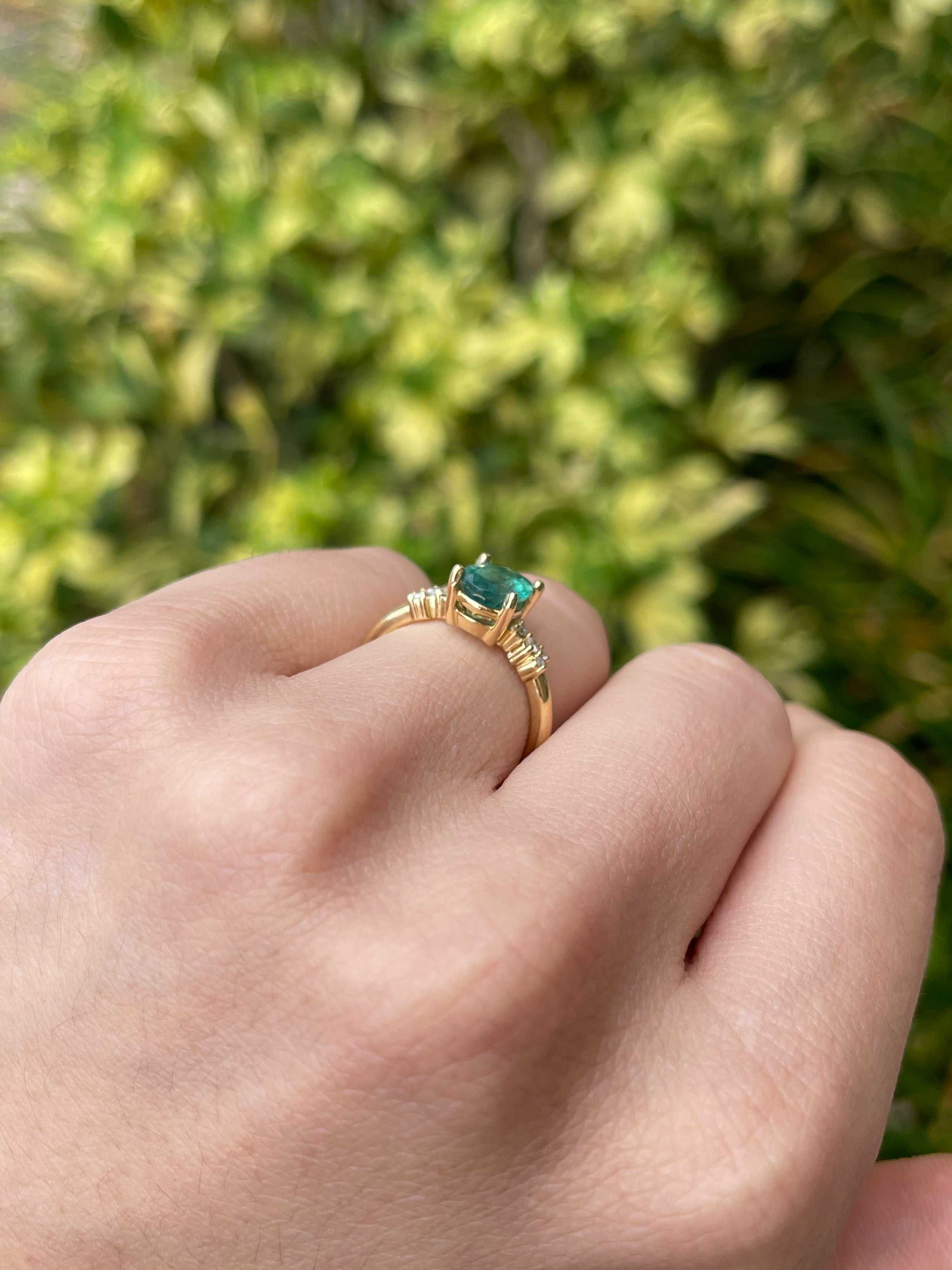 18K gold oval cut emerald and diamond constellation accent right hand ring by JR Colombian Emeralds, showcasing intricate gemstone design