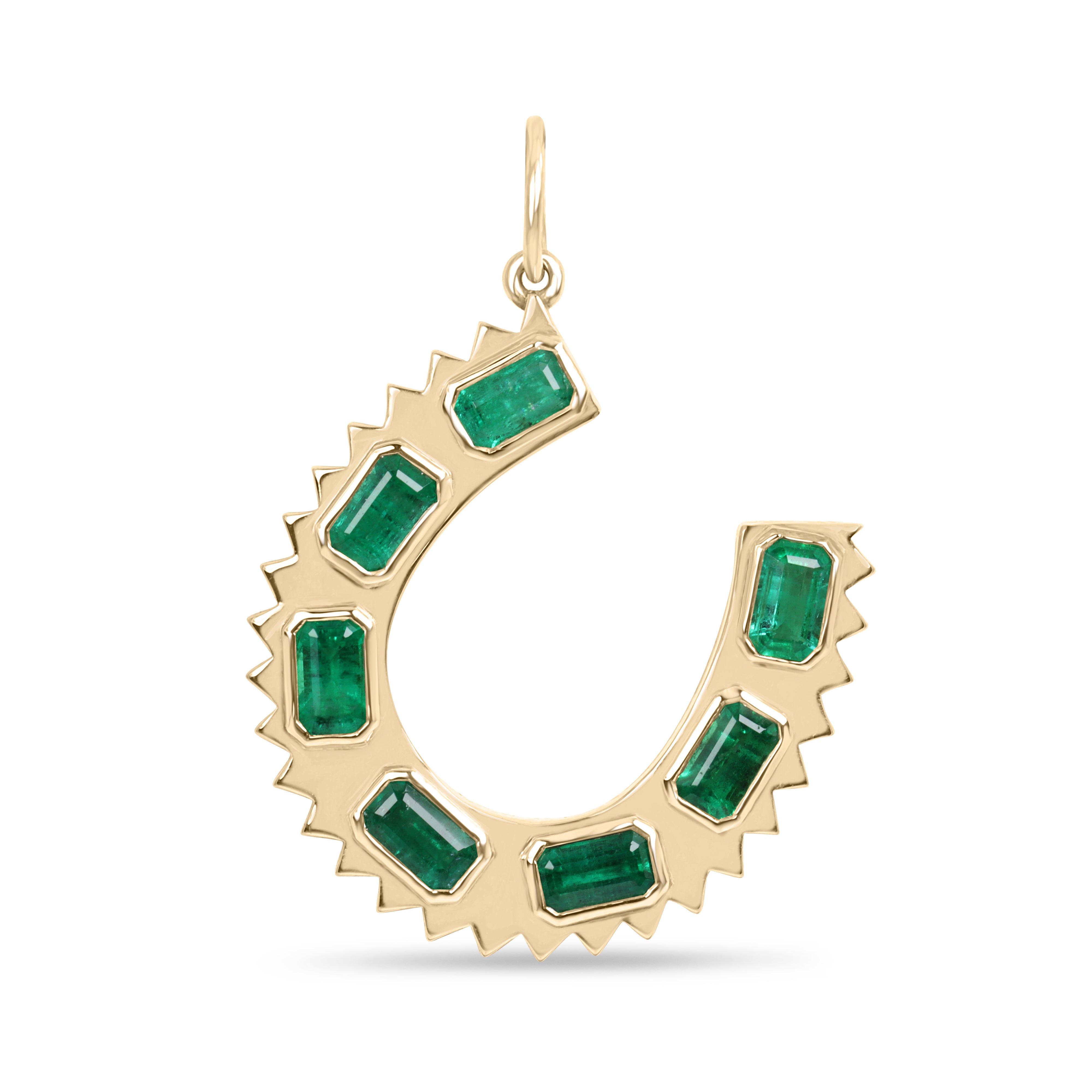 14K gold emerald cut horseshoe charm pendant necklace featuring a 2.24tcw natural emerald, from JR Colombian Emeralds.