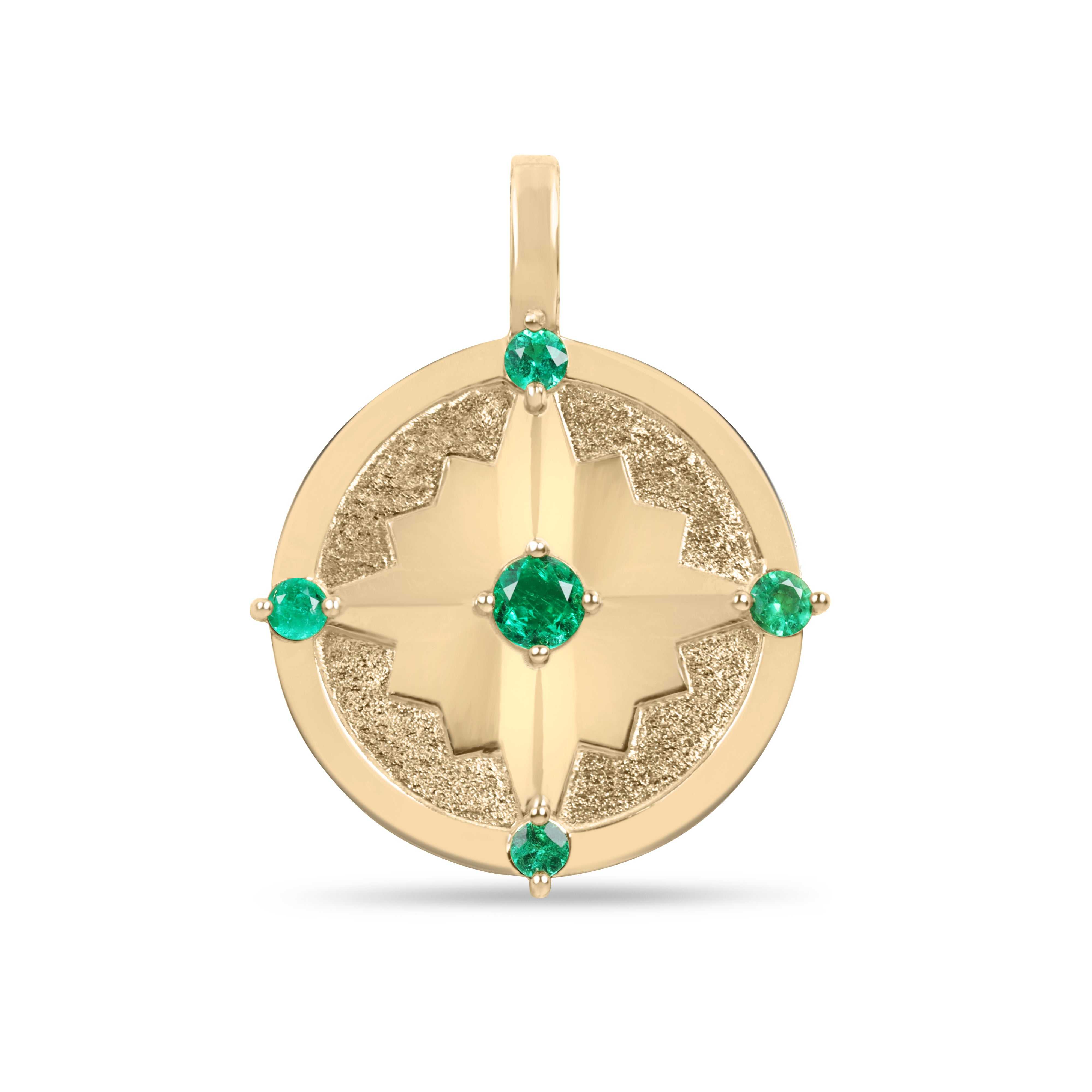 14K gold compass medallion necklace with 0.43 carat AAA+ emerald from JR Colombian Emeralds, featuring a detailed pendant design.