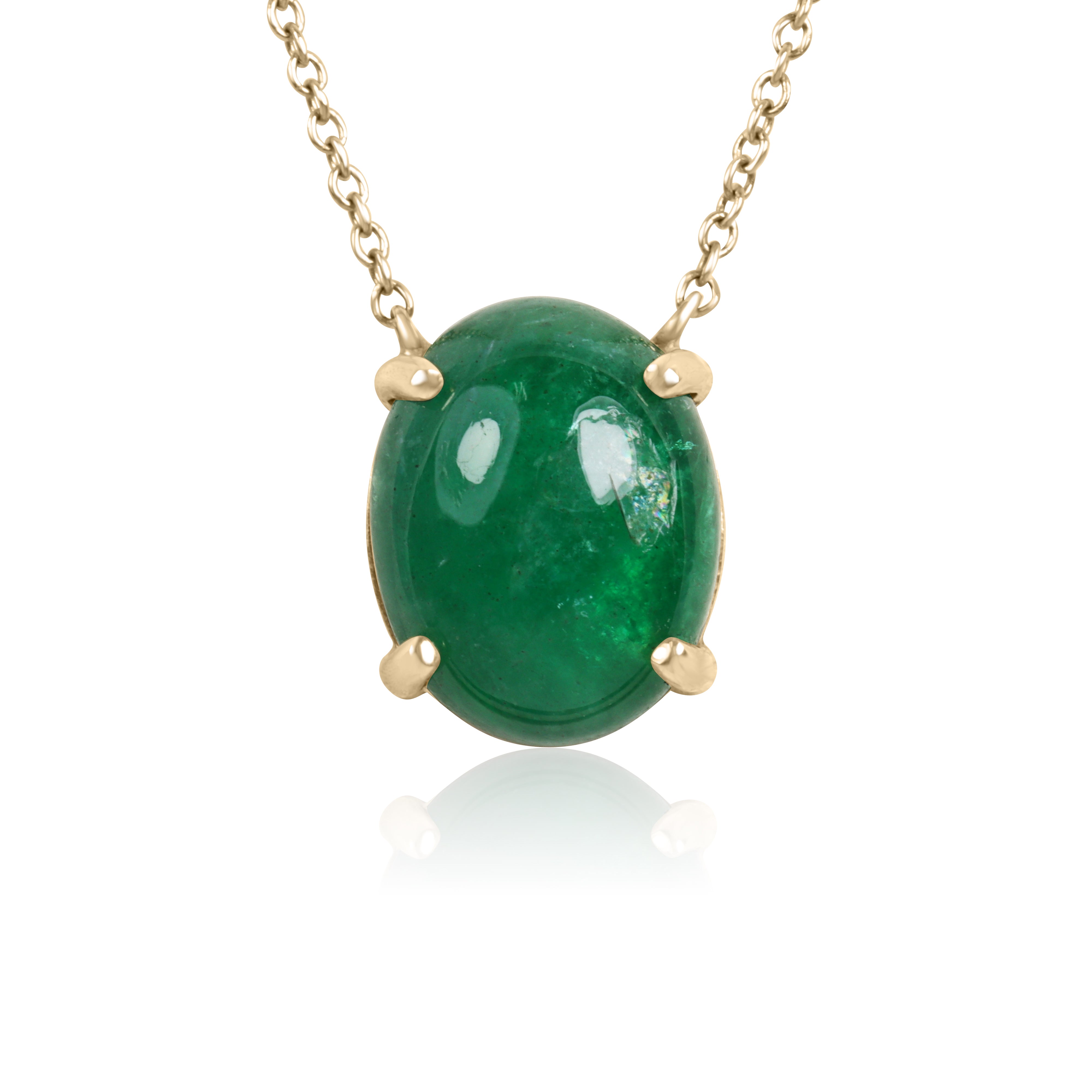 14K gold necklace with a 5.50tcw Zambian emerald cabochon pendant on a prong station chain.