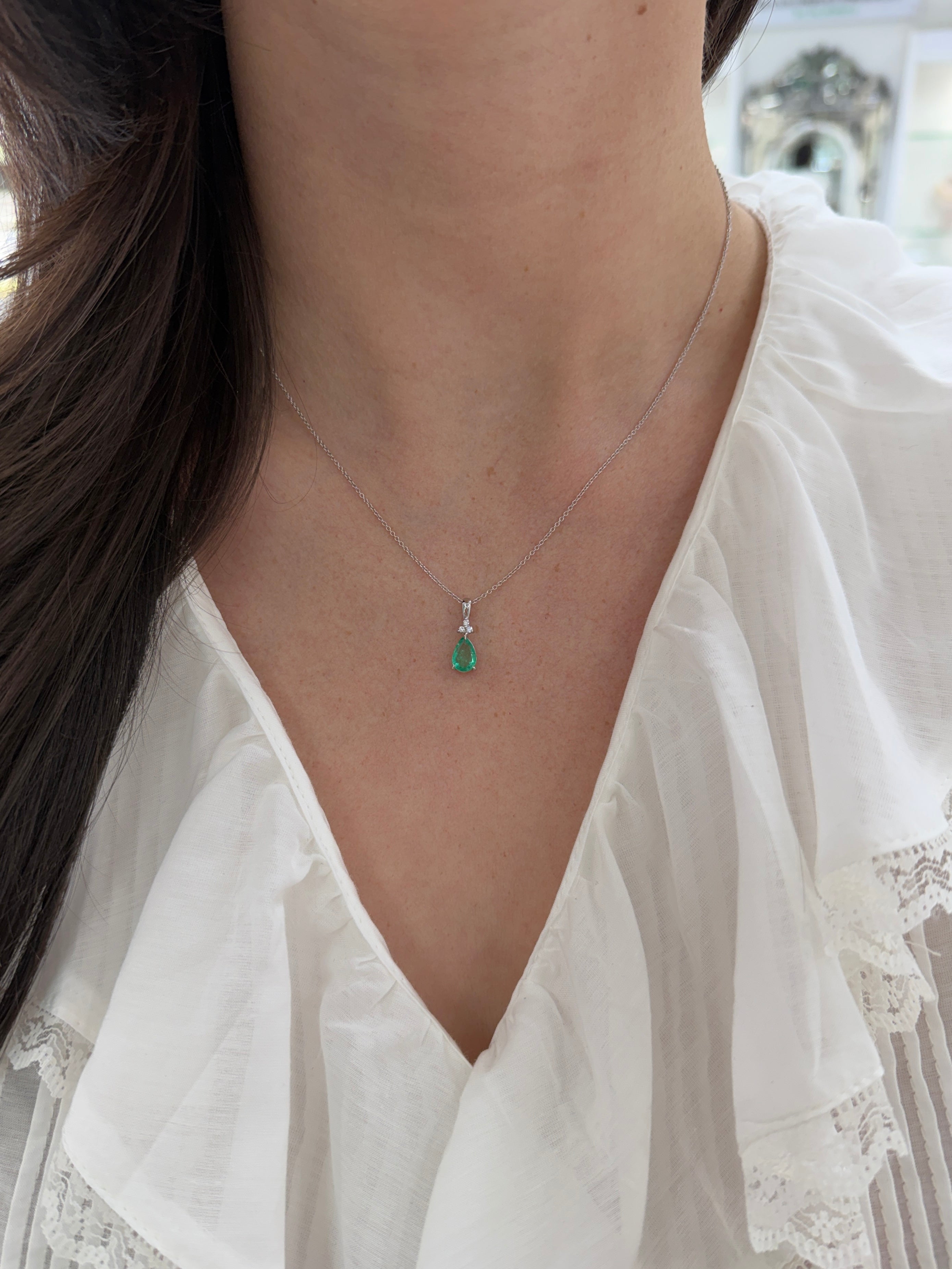 Pear-shaped emerald drop pendant with trefoil diamond cluster in 14K white gold, featuring 1.04tcw of gemstones by JR Colombian Emeralds