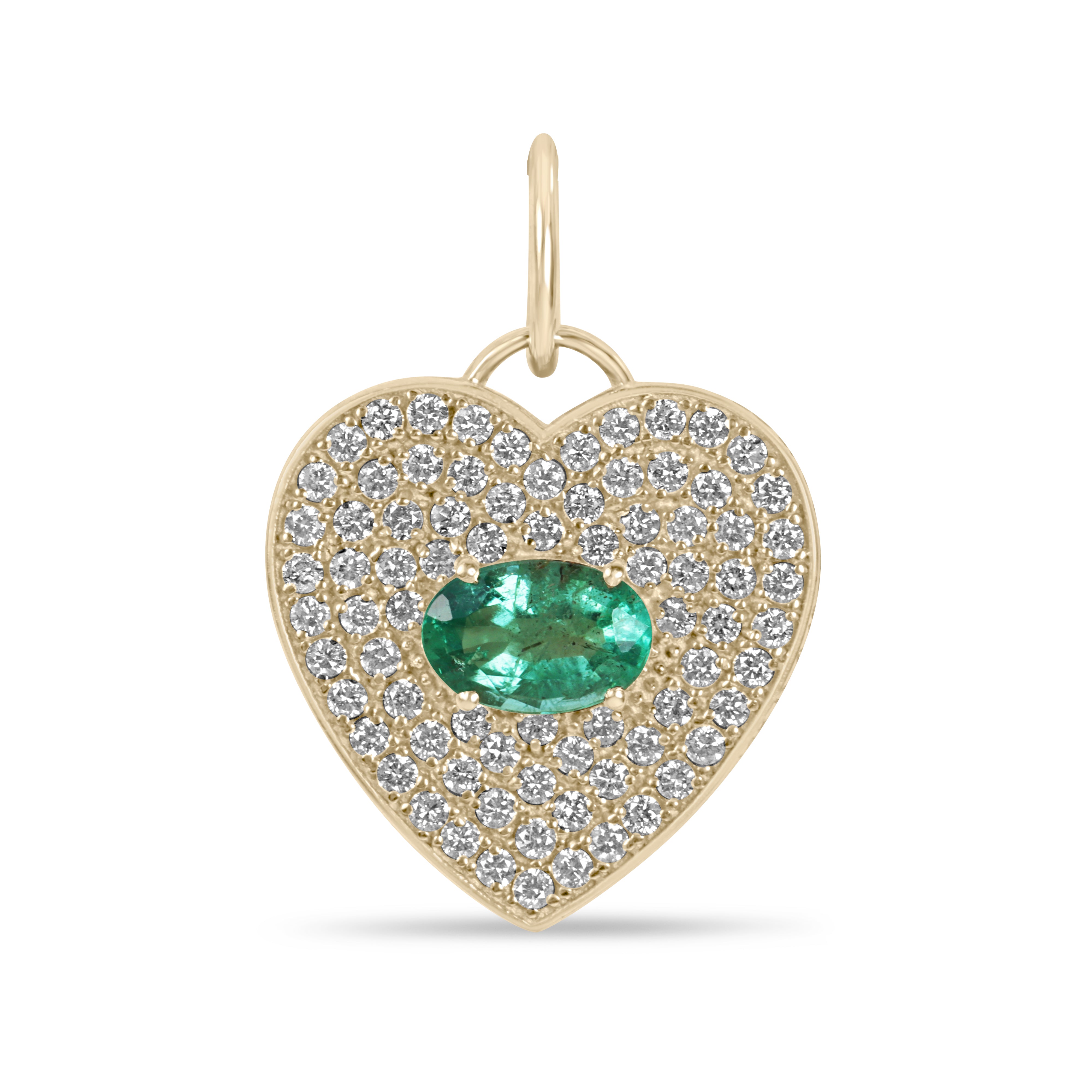 14K gold emerald and diamond pave heart cluster pendant charm with sparkling gemstones, from JR Colombian Emeralds.