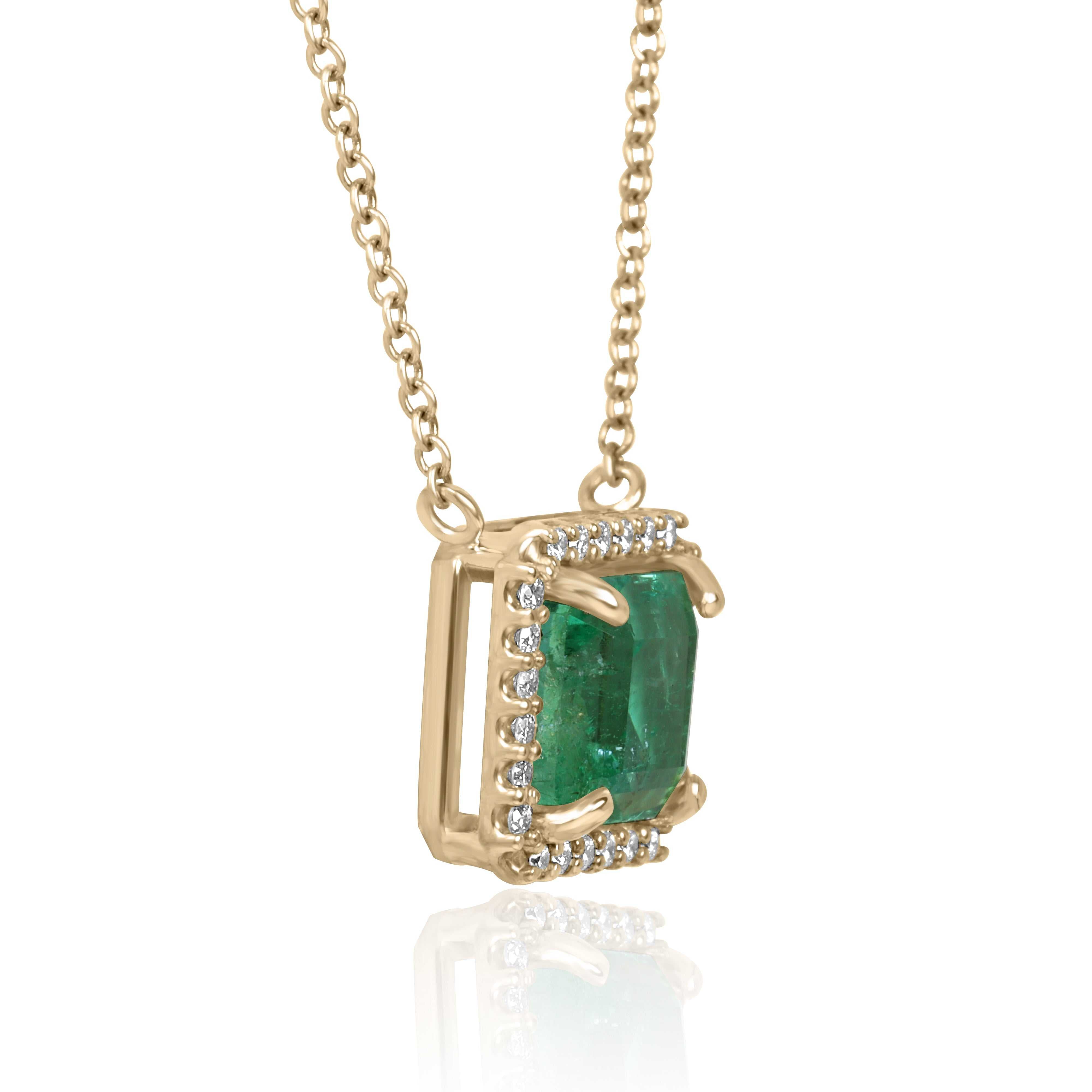Asscher cut emerald and diamond halo necklace by JR Colombian Emeralds, 14K gold, featuring a 2.48 tcw gemstone design.