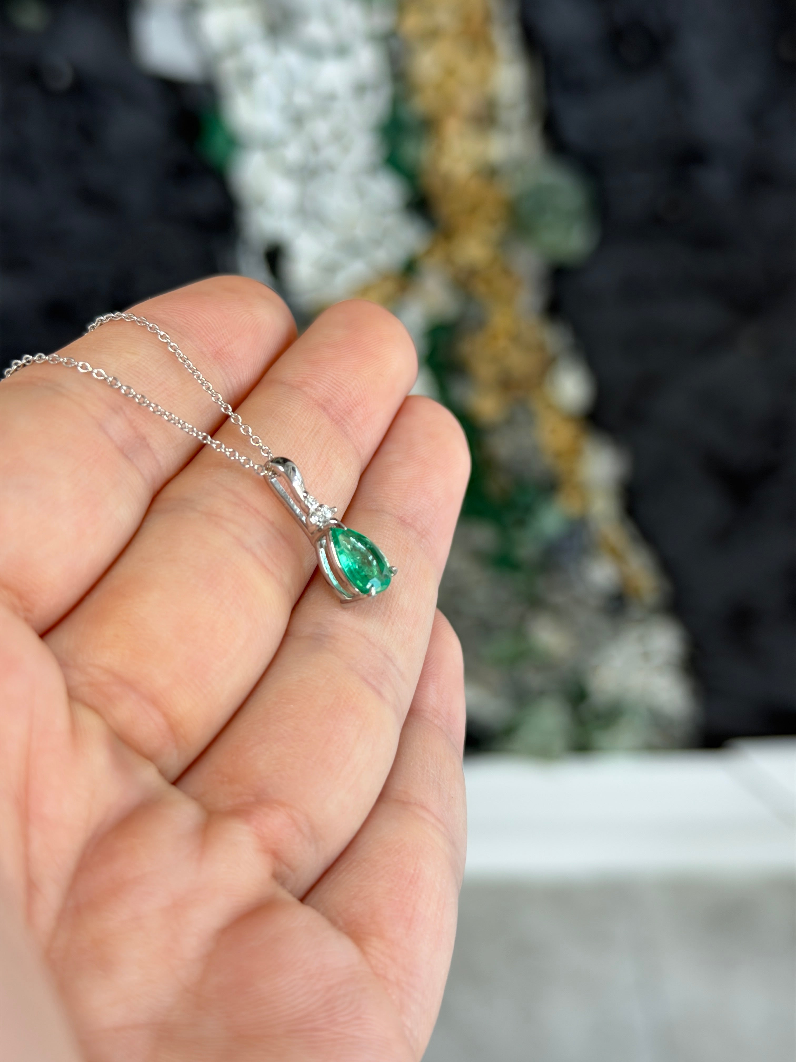 Pear shape emerald drop pendant with trefoil diamond cluster in 14K white gold, featuring 1.04tcw emeralds and diamonds from JR Colombian Emeralds.