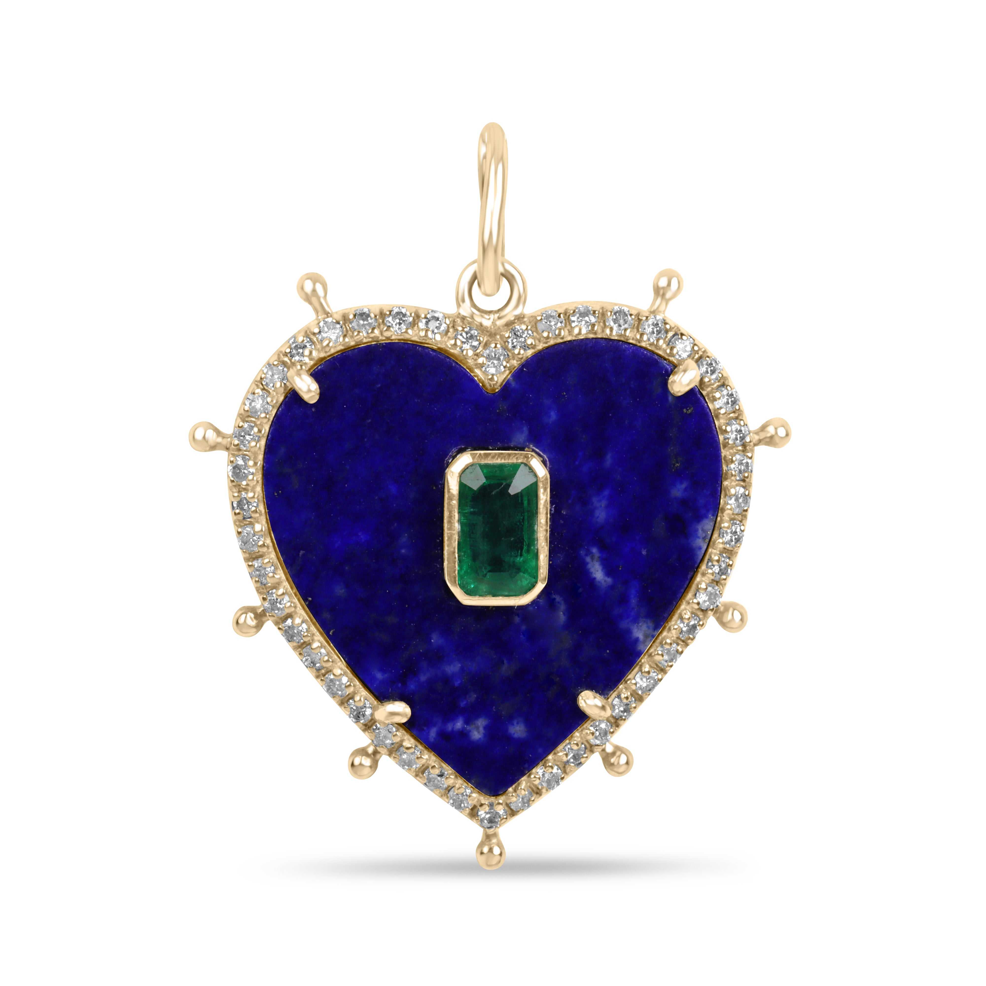 Natural lapis, emerald, and diamond heart pendant in 14K gold from JR Colombian Emeralds featuring vibrant gemstones.