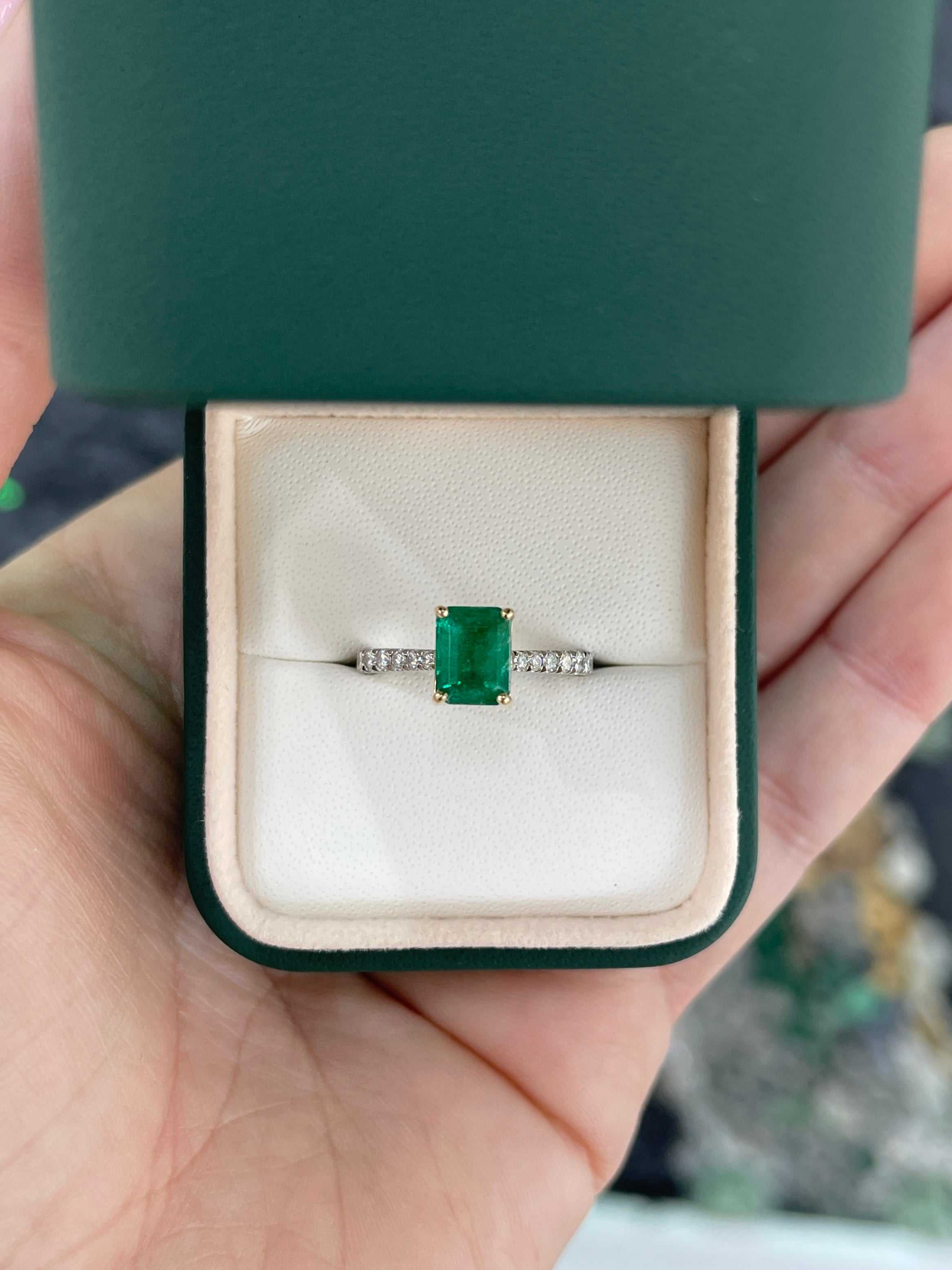 2.10tcw 14K/PLAT Natural Vivid Green Emerald & LAB Diamond Accent Engagement Ring - JR Colombian Emeralds
