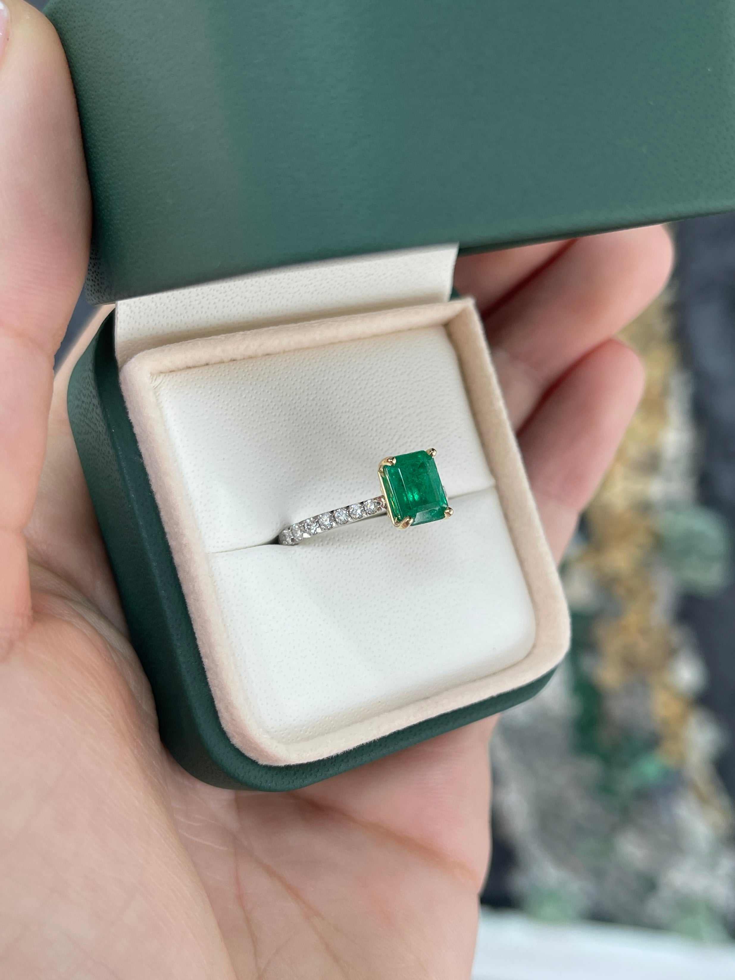 2.10tcw 14K/PLAT Natural Vivid Green Emerald & LAB Diamond Accent Engagement Ring - JR Colombian Emeralds