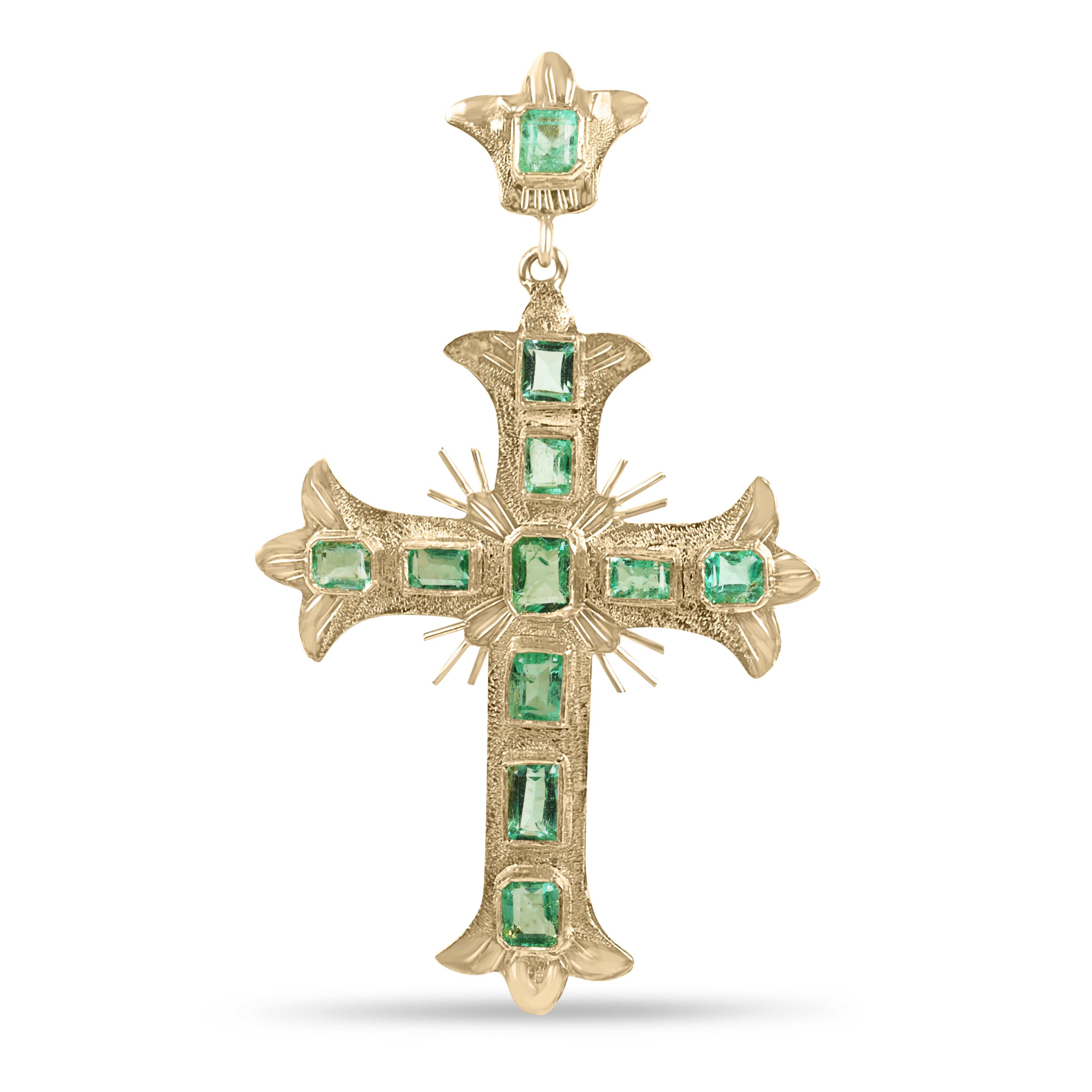 Pre-Columbian inspired 18K Colombian Emerald Cross necklace by JR Colombian Emeralds featuring detailed emerald accents.
