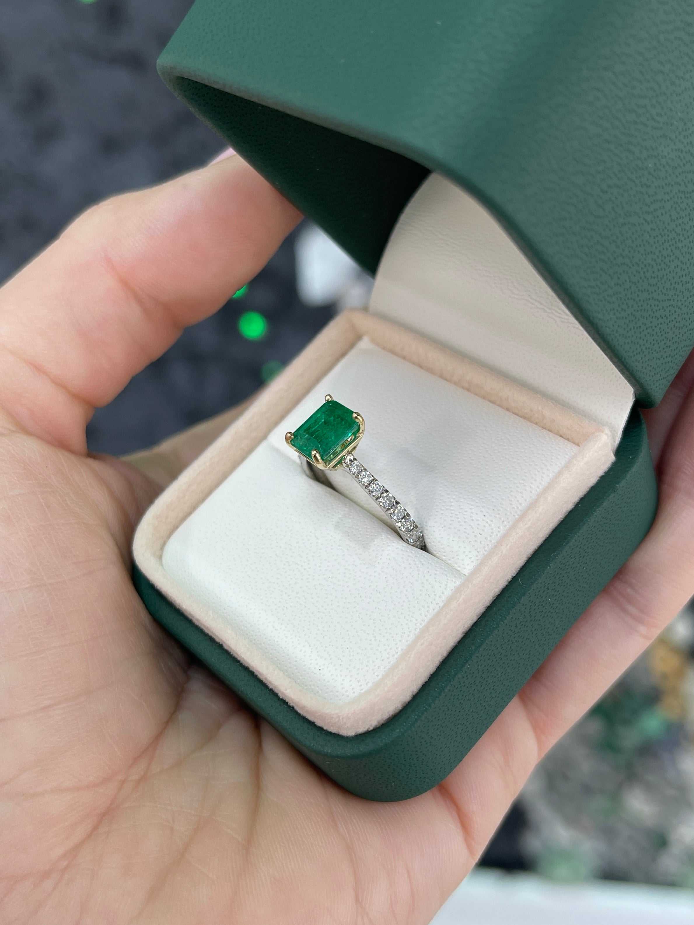 2.10tcw 14K/PLAT Natural Vivid Green Emerald & LAB Diamond Accent Engagement Ring - JR Colombian Emeralds