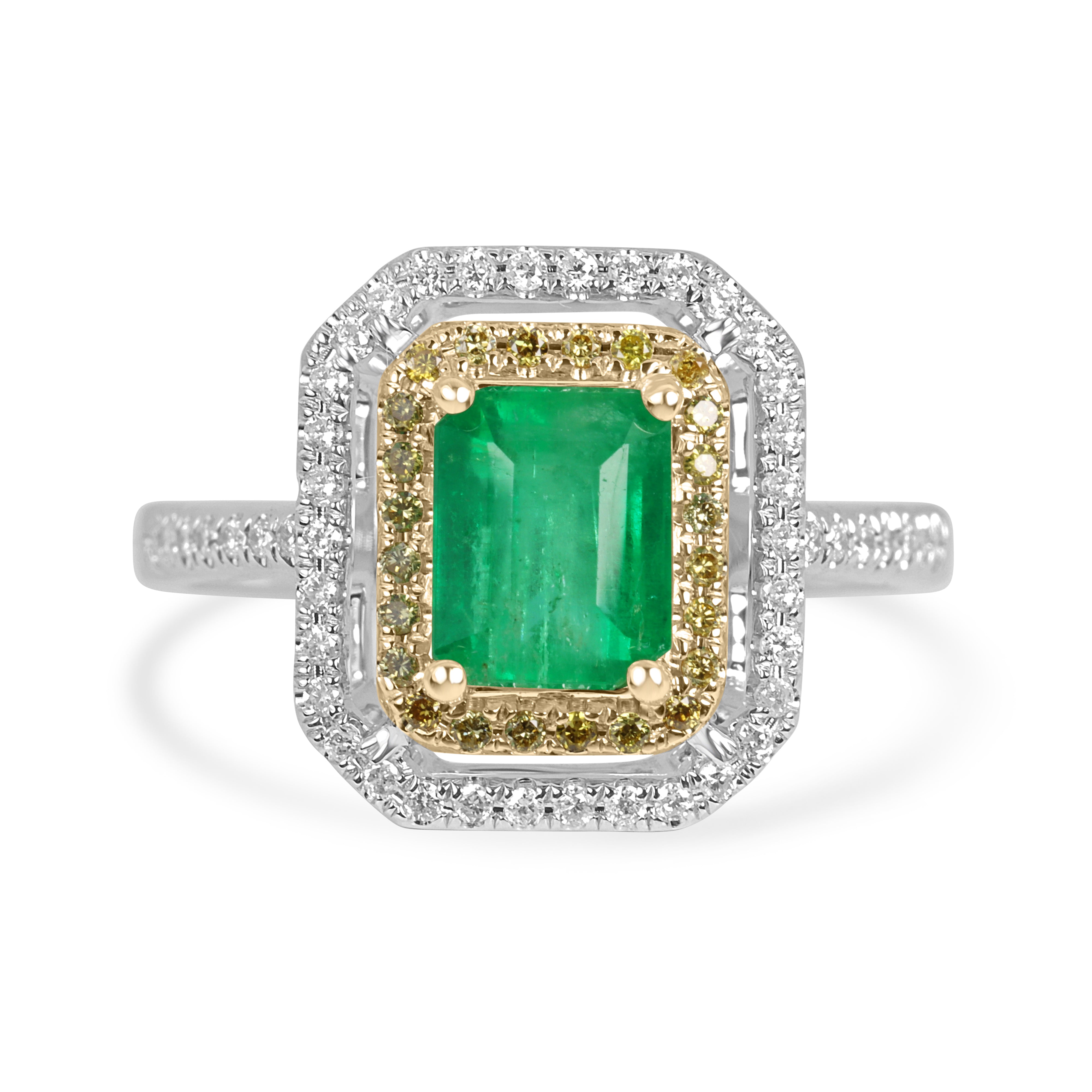 14K gold halo ring with 1.65tcw Colombian emerald and yellow diamonds, featuring a stunning central emerald gemstone.