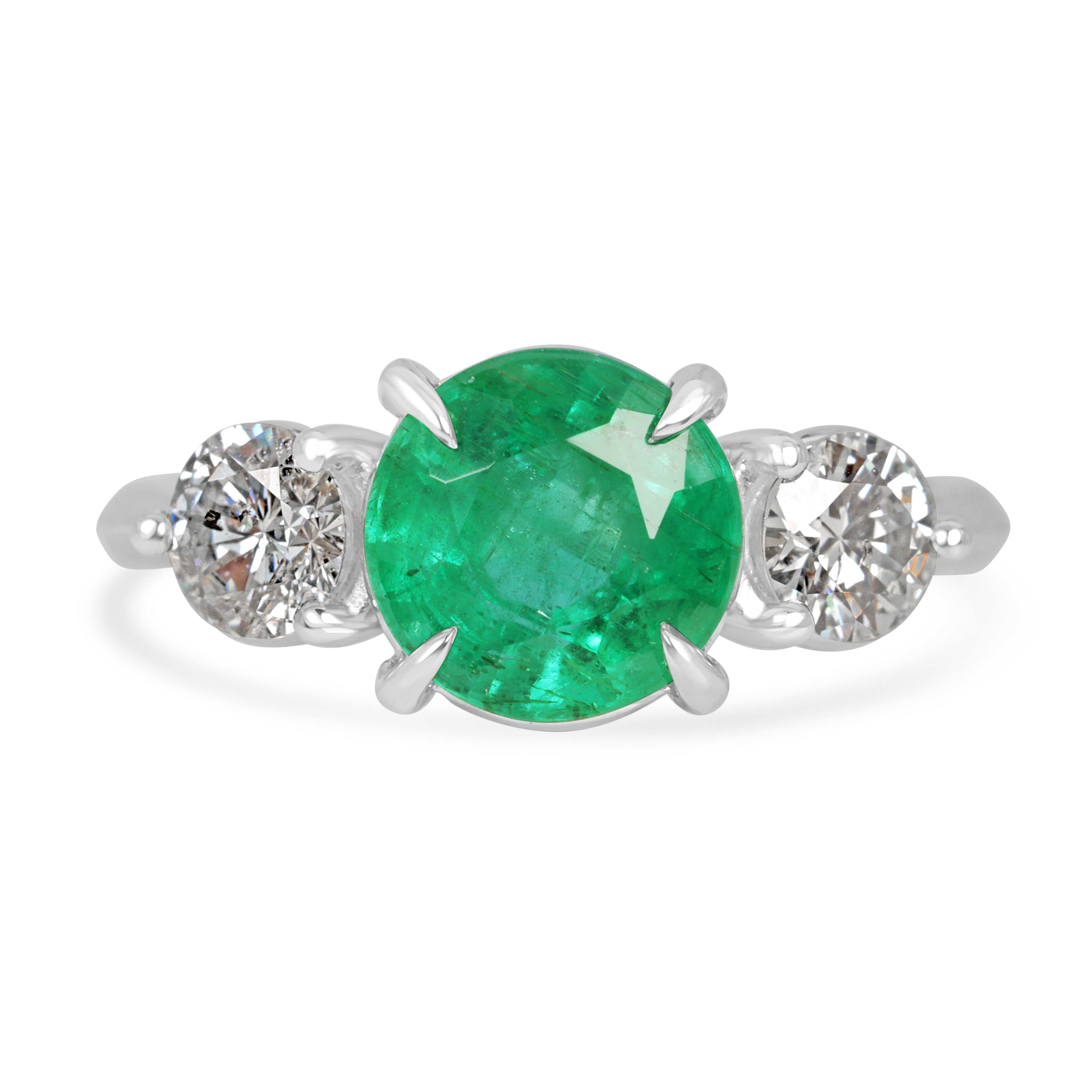 14K white gold 2.91tcw emerald and diamond 3-stone engagement ring by JR Colombian Emeralds, showcasing a central emerald with side diamonds
