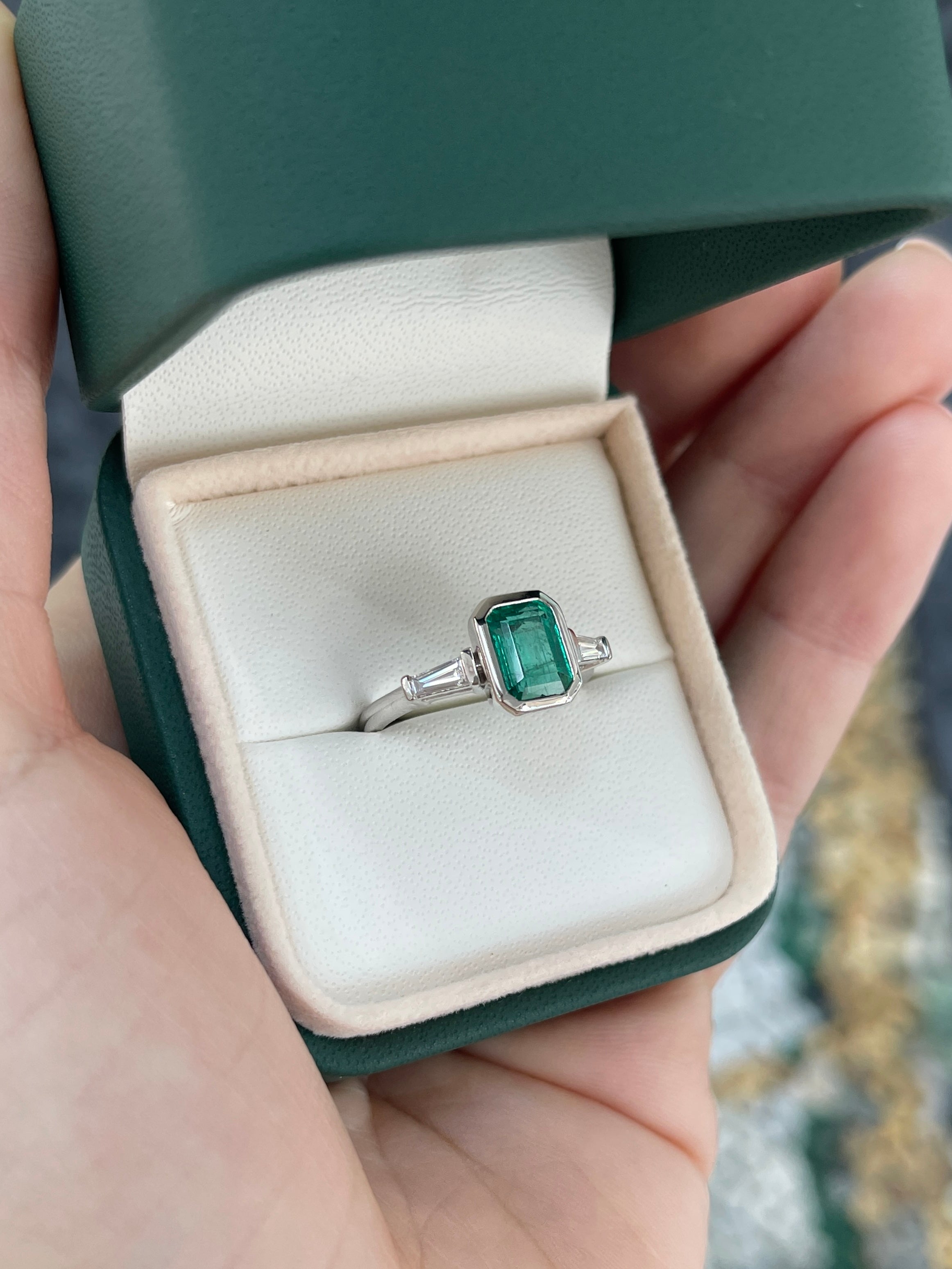 2.03tcw 14K Natural Vivid Emerald Cut Emerald & LAB Diamond Tapered Baguette Three Stone Engagement Ring - JR Colombian Emeralds