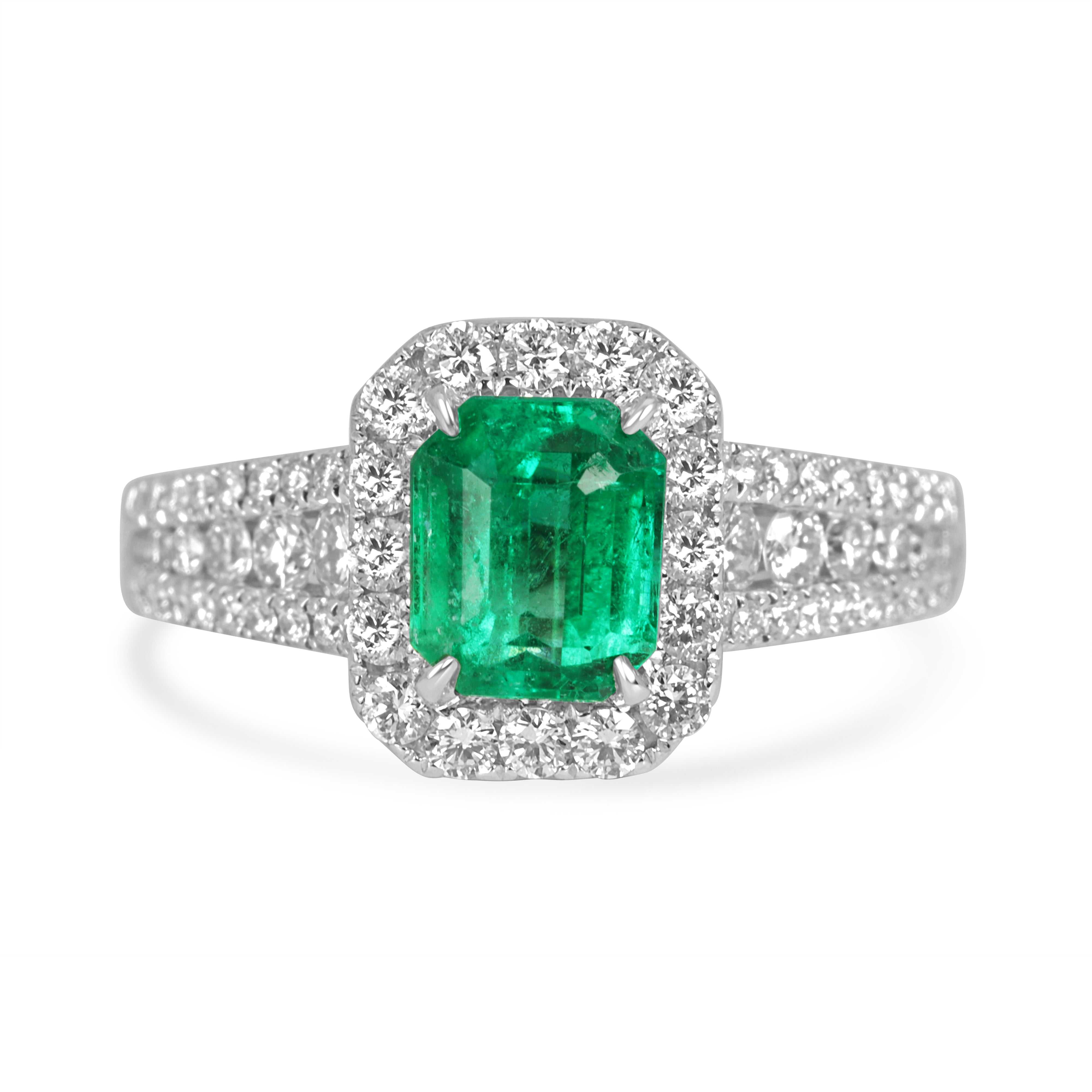 14K engagement ring featuring a 2.21tcw Chivor bluish green Colombian emerald surrounded by a diamond halo, by JR Colombian Emeralds.