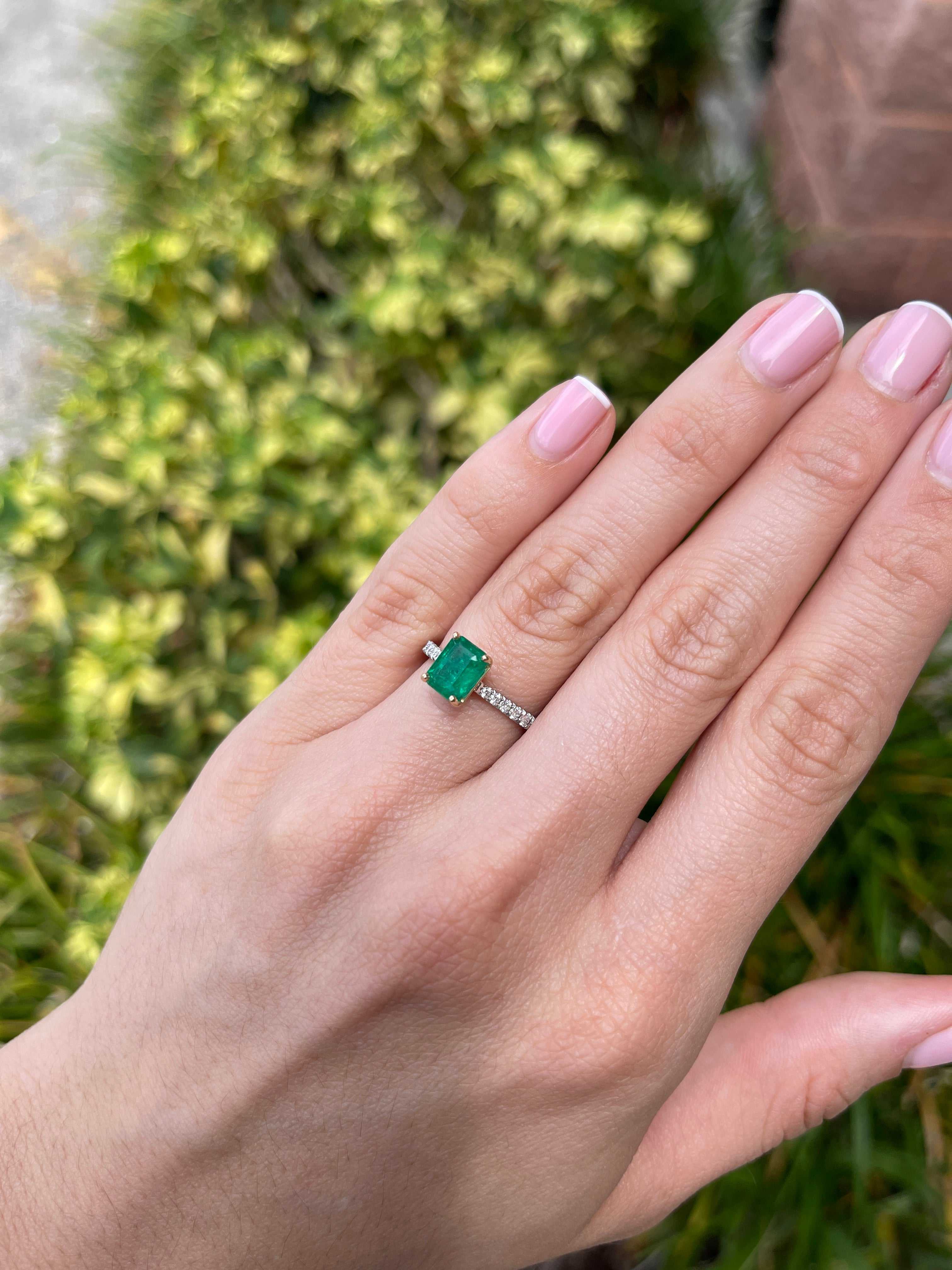 2.10tcw 14K/PLAT Natural Vivid Green Emerald & LAB Diamond Accent Engagement Ring - JR Colombian Emeralds