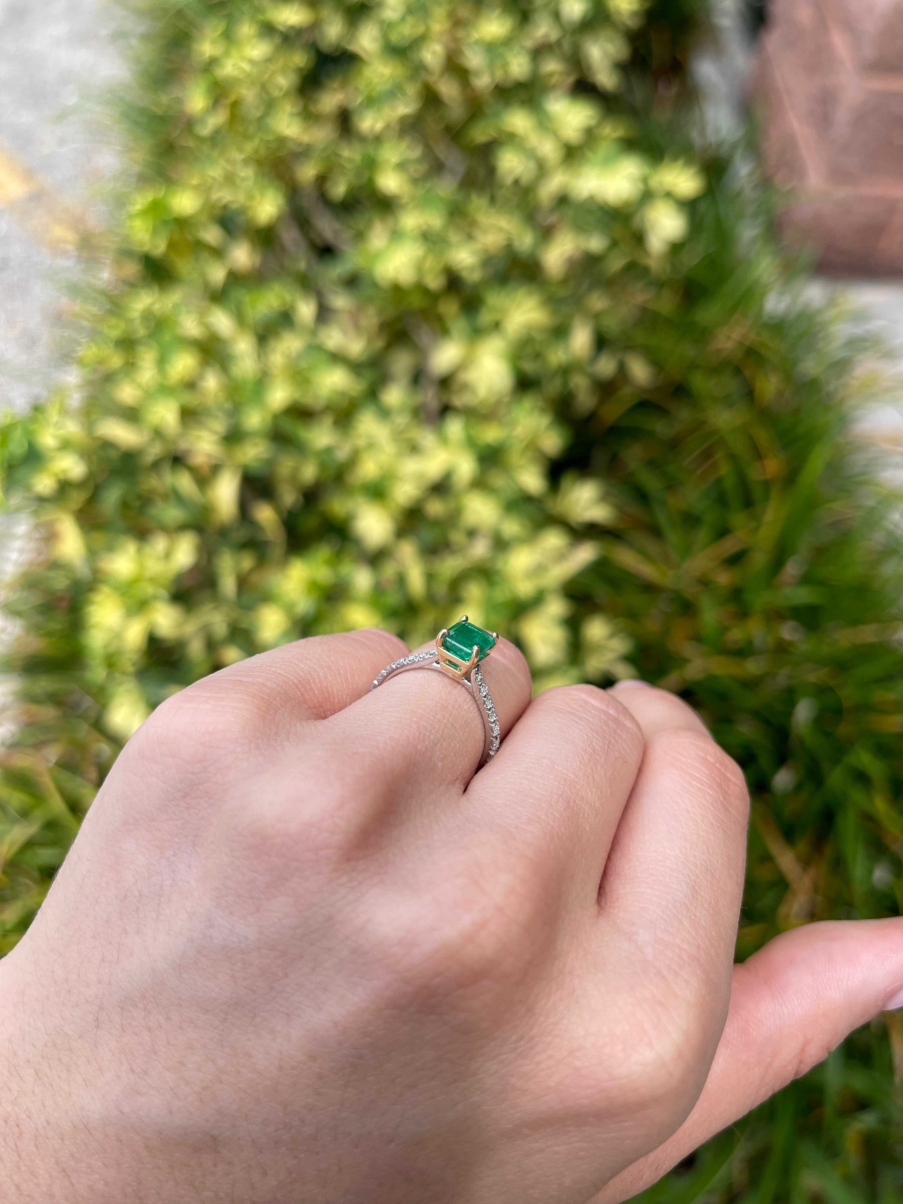 2.10tcw 14K/PLAT Natural Vivid Green Emerald & LAB Diamond Accent Engagement Ring - JR Colombian Emeralds