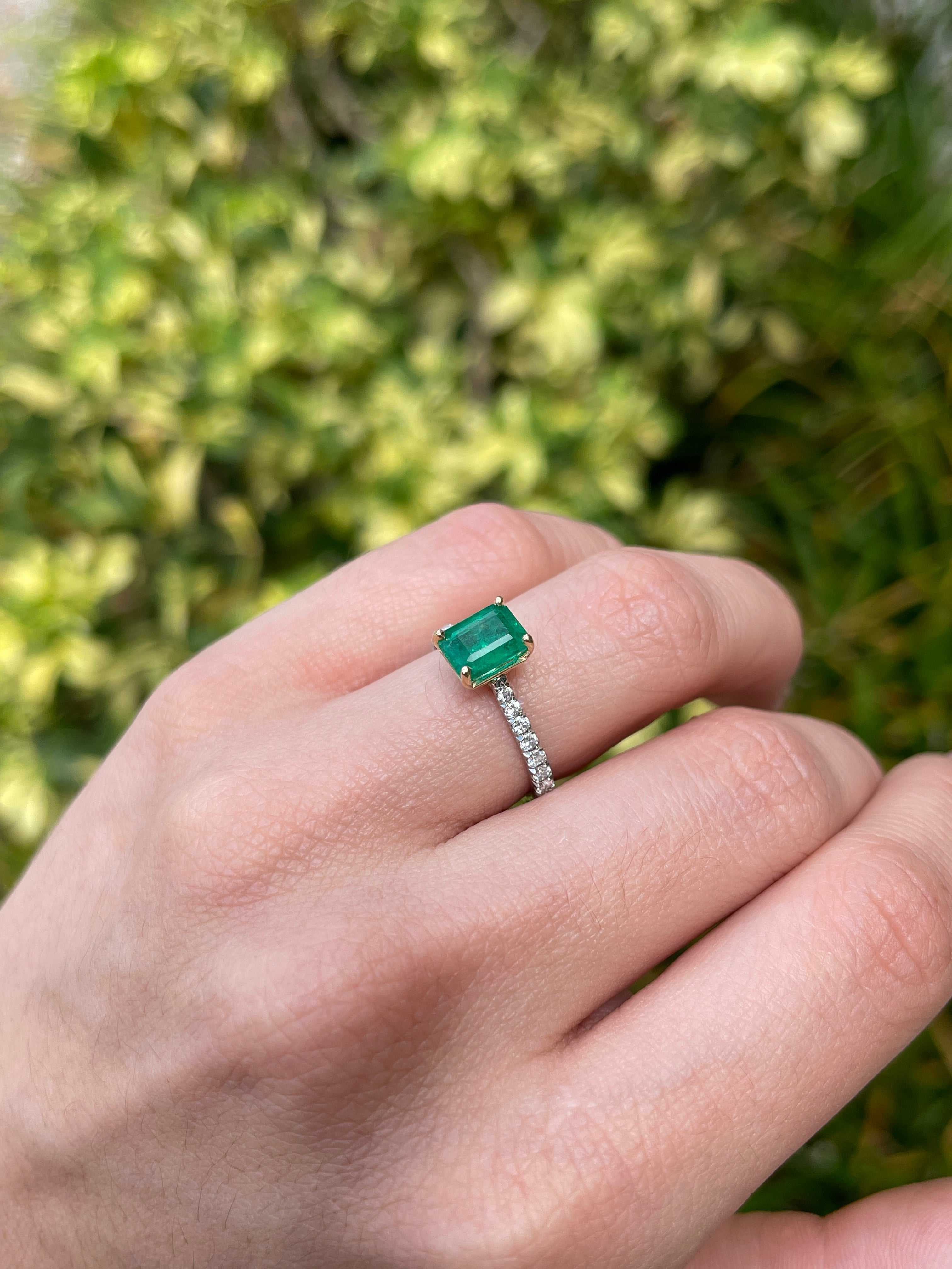 2.10tcw 14K/PLAT Natural Vivid Green Emerald & LAB Diamond Accent Engagement Ring - JR Colombian Emeralds
